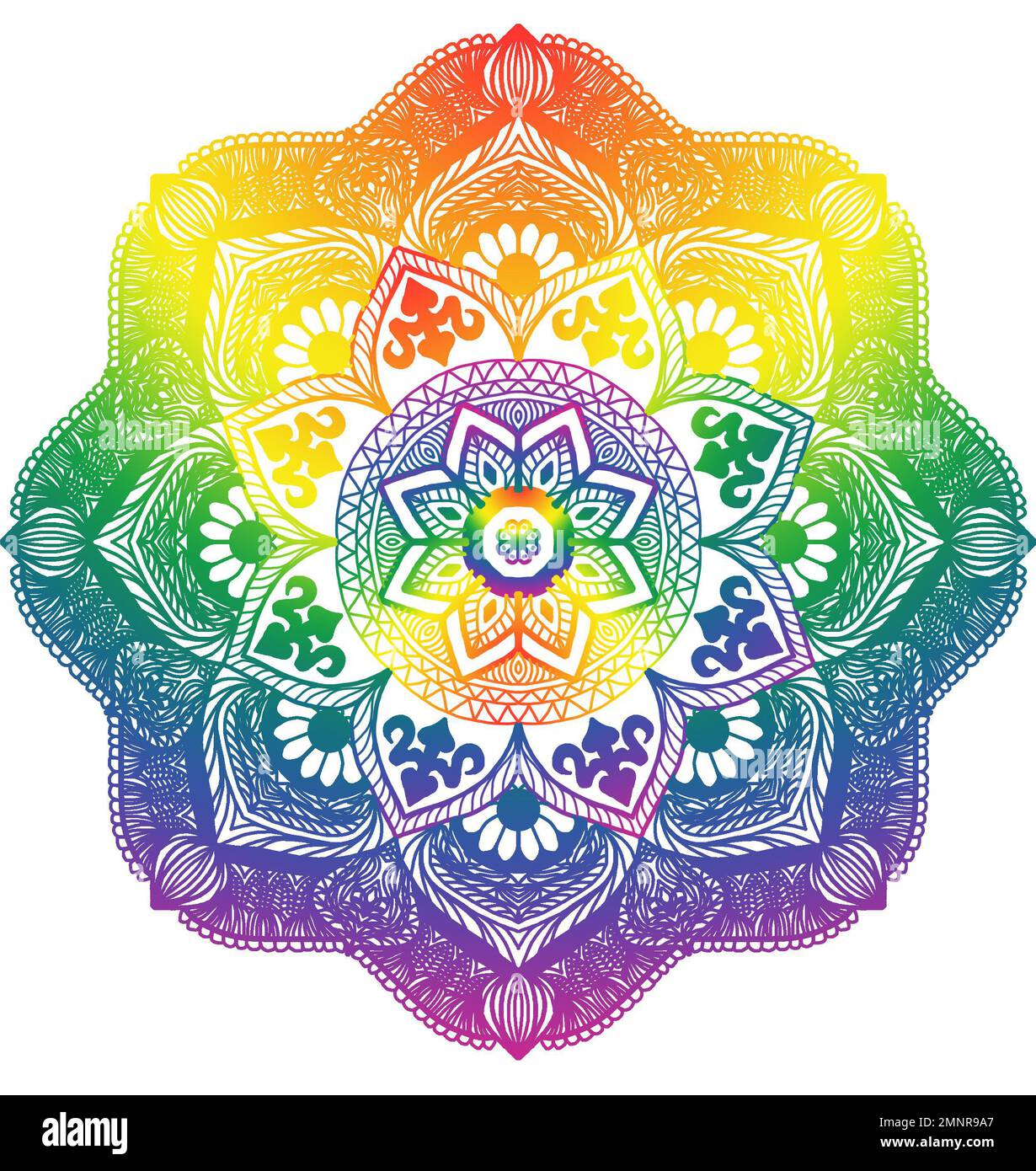 Motif mandala dessiné à la main avec couleurs de fierté arc-en-ciel sur fond blanc. Idéal pour les festivals, les papiers peints et les PC de bureau. Banque D'Images