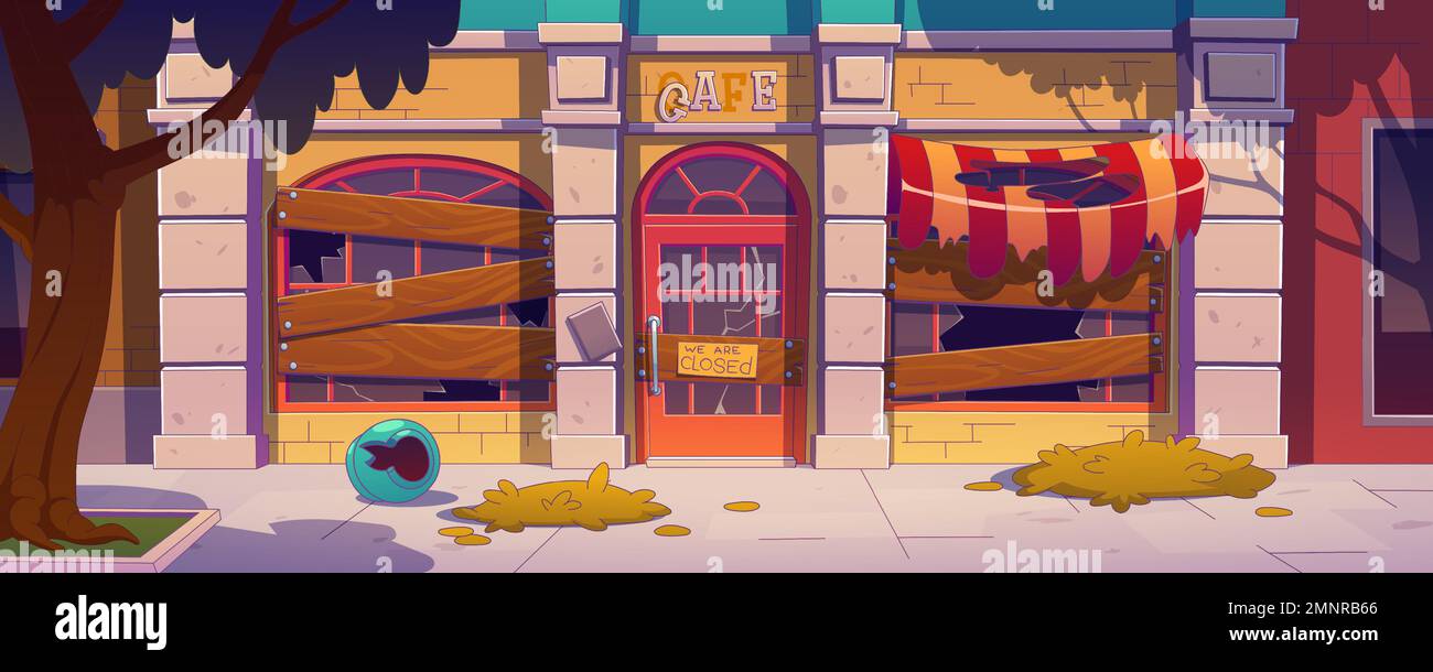 Café abandonné après faillite, fermeture ou échec. Rue de la ville avec ancien café ou extérieur de restaurant avec fenêtres intégrées, verre brisé et panneau, illustration vectorielle dans un style contemporain Illustration de Vecteur