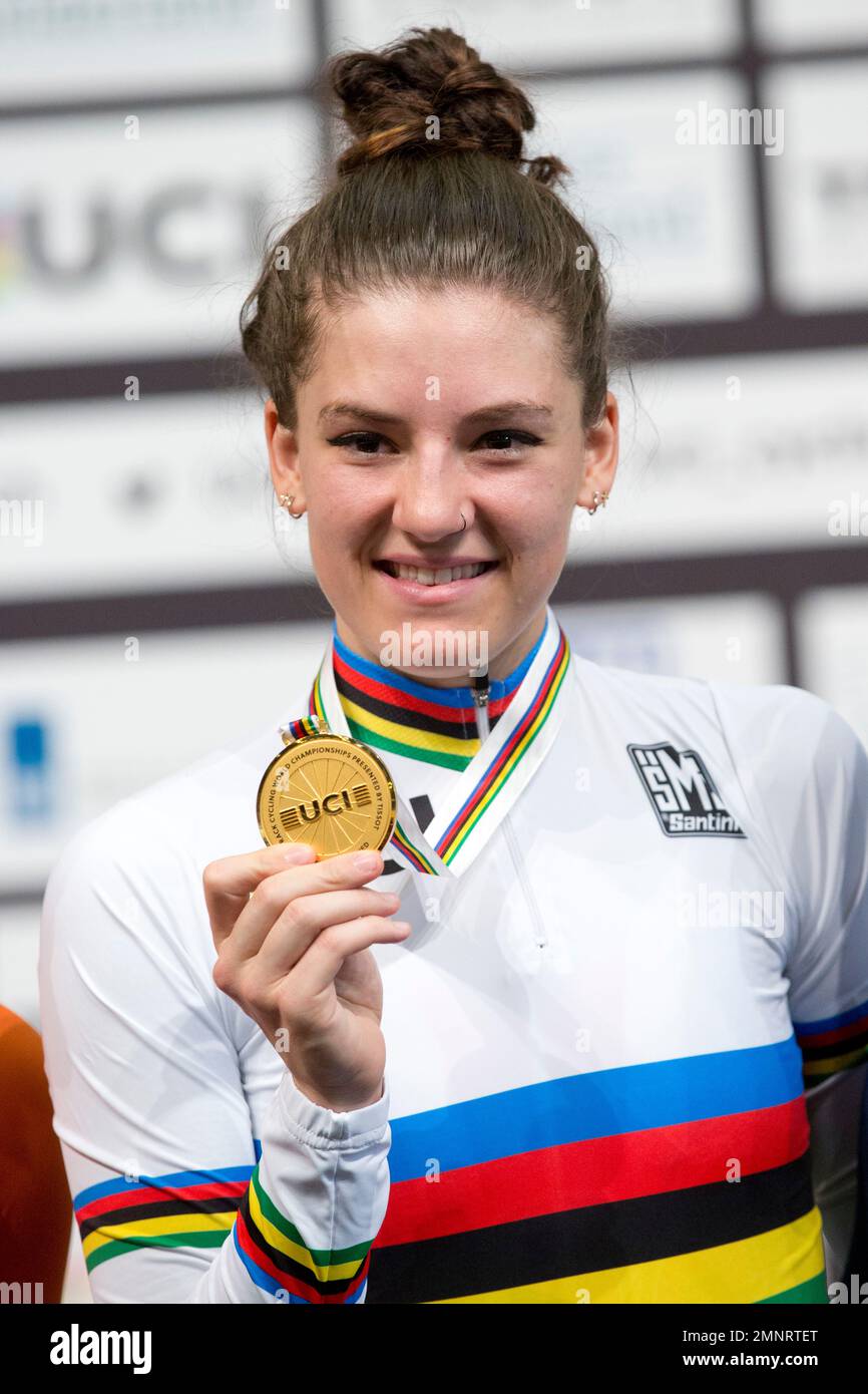 World champion and new world record holder Chloe Dygert of the U.S.  celebrates on the podium of the women's individual pursuit at the World  Championships Track Cycling in Apeldoorn, eastern Netherlands, Netherlands,