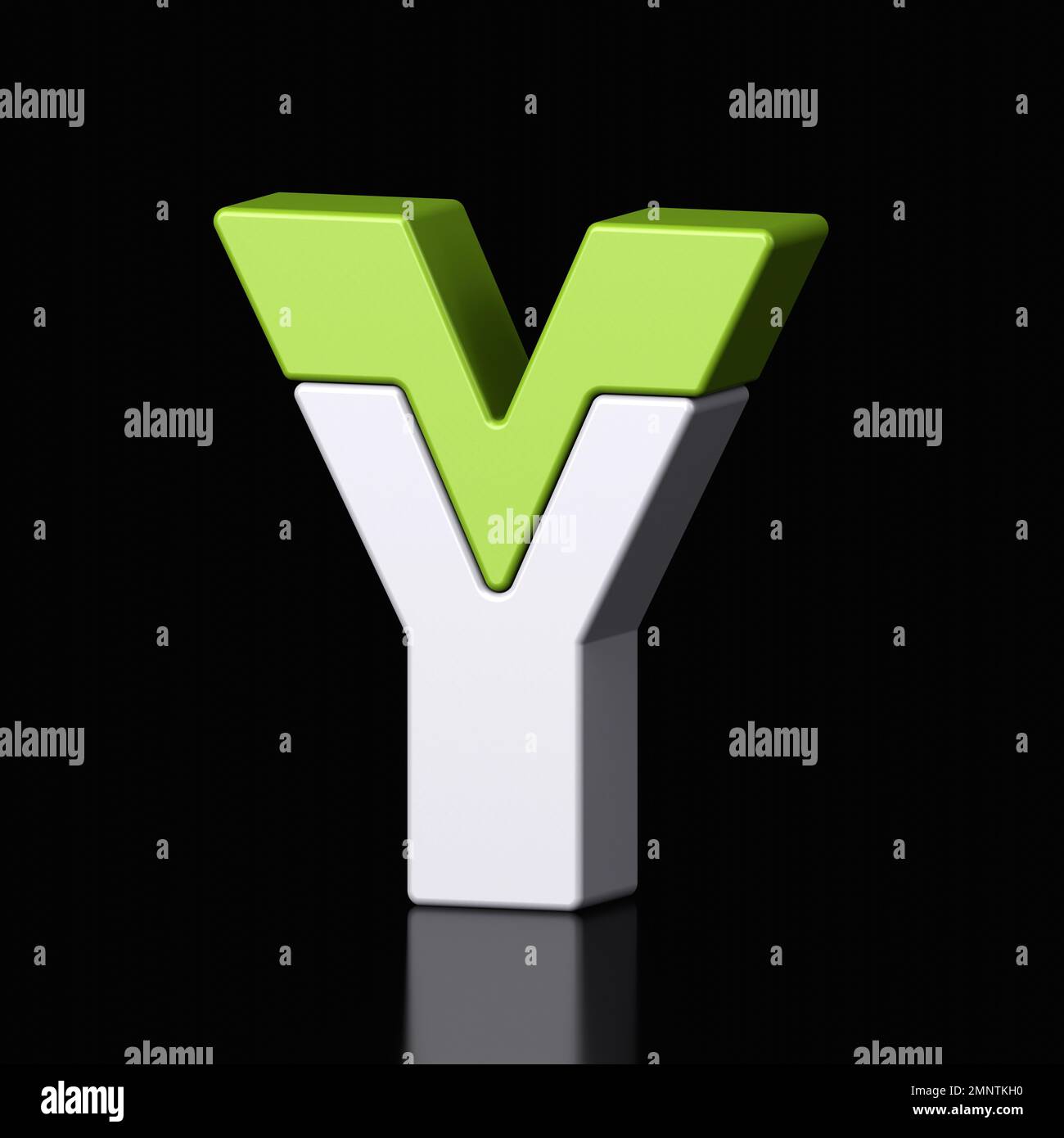 3D lettres y plastique vert clair et blanc de l'alphabet isolé dans un fond noir. Illustration de la conception de caractères métalliques haute technologie, texte mini Banque D'Images