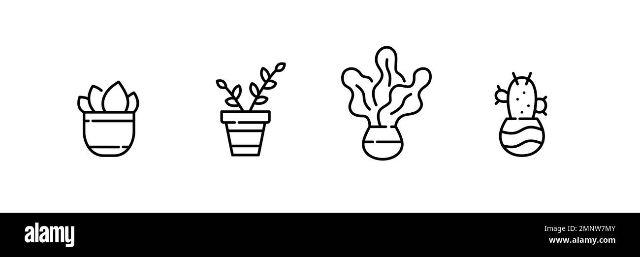 Ensemble de 4 pots de fleurs avec plantes vertes et cactus. Icône de ligne de contour pixel Perfect, modifiable Illustration de Vecteur