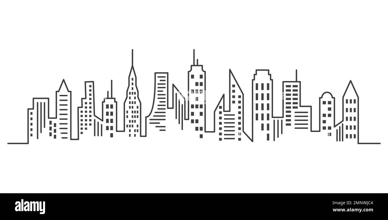 Paysage panoramique de la ville.Dessin continu de bâtiments à une ligne.Silhouette des gratte-ciels.Illustration vectorielle minimaliste.SPE 10 Illustration de Vecteur