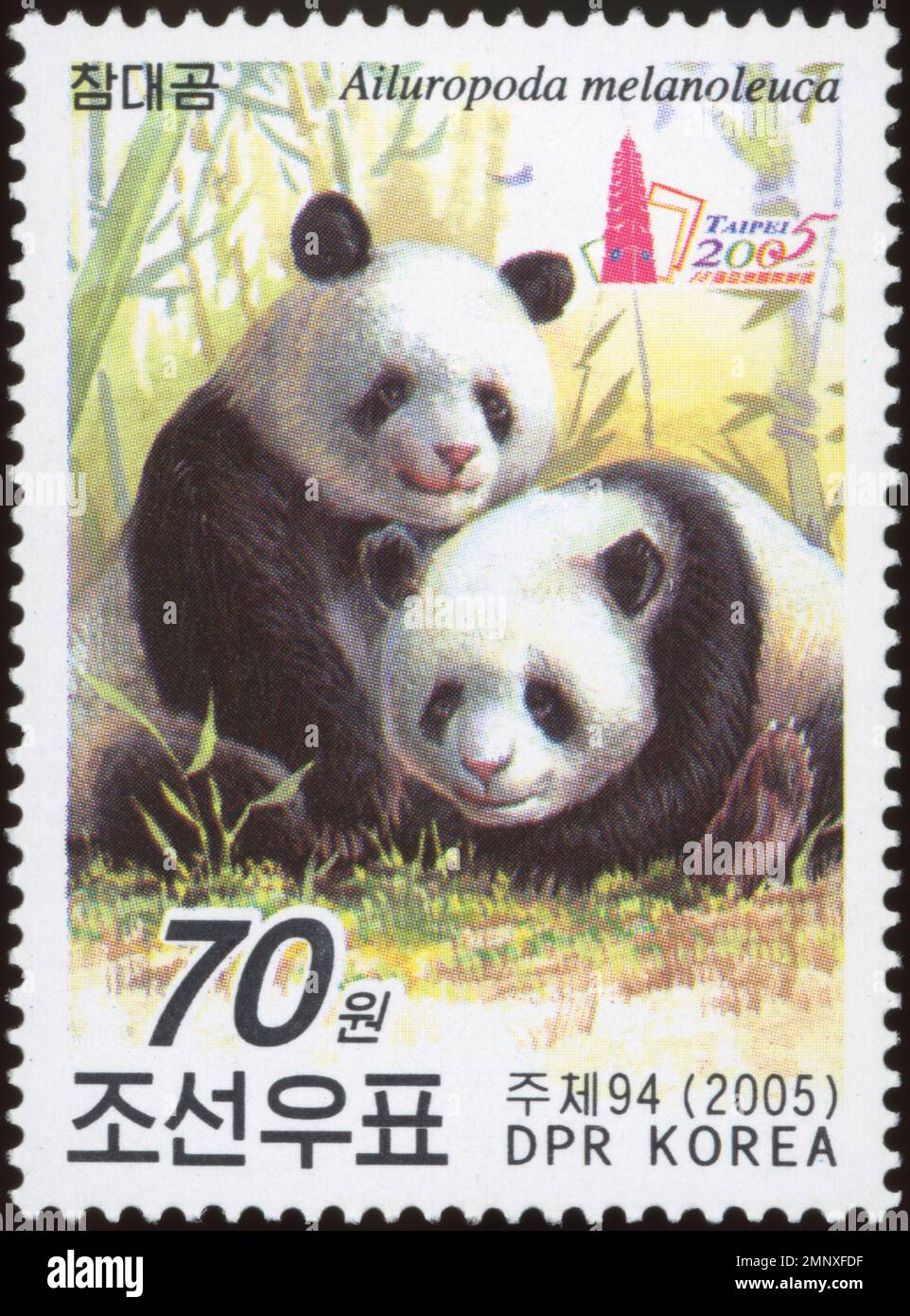 Timbre-poste nord-coréen de 2005 représentant 2 pandas géants (Ailuropoda melanoleuca) pour l'exposition Taipei 2005. Banque D'Images