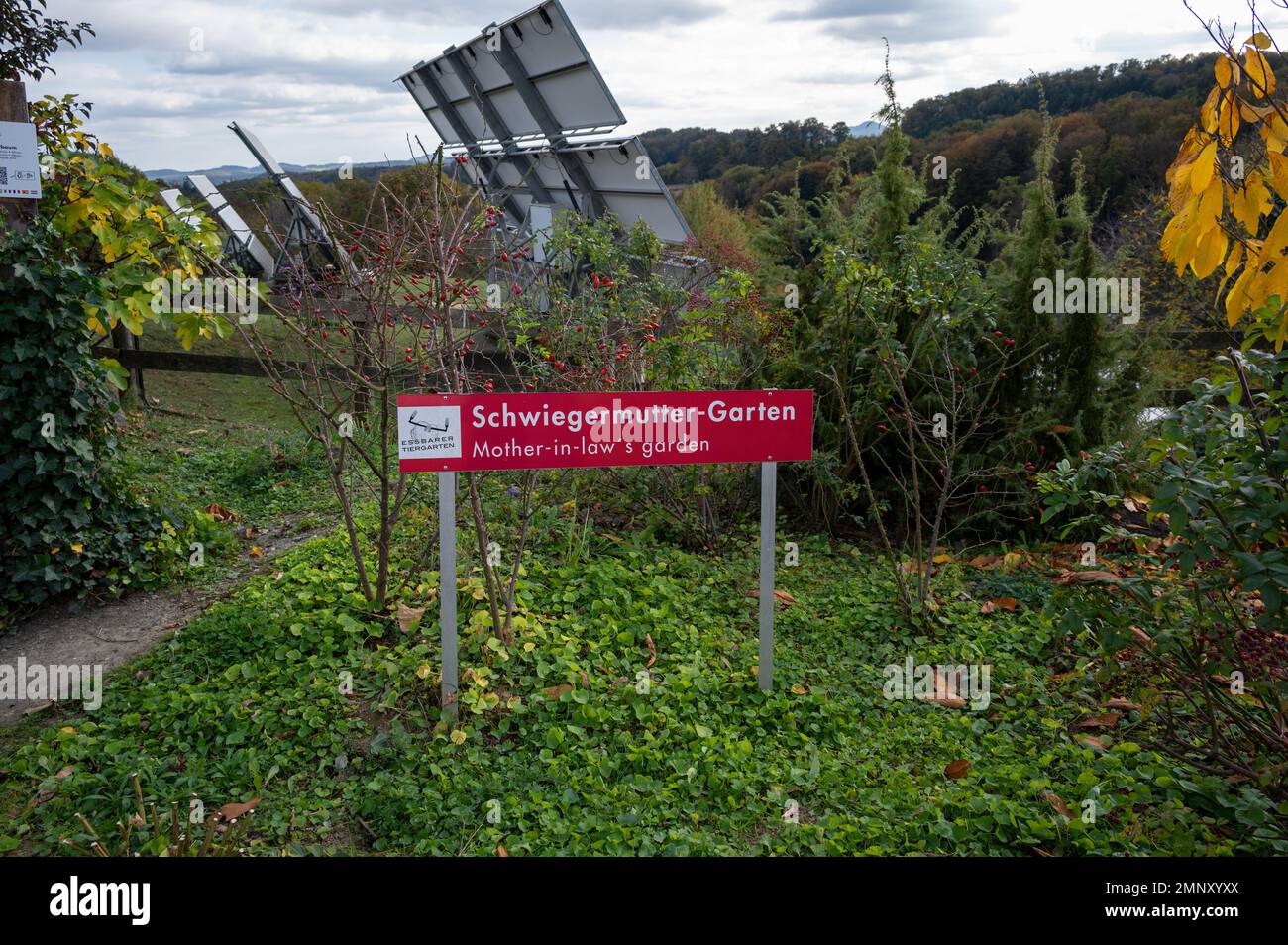 Vue sur le jardin comestible de la chocolaterie Zotter, une ferme et entreprise familiale située dans la petite ville de Riegersburg, en Autriche. Banque D'Images