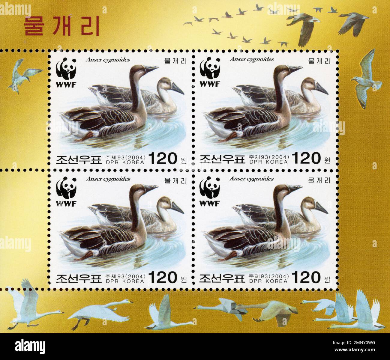 Timbre-poste nord-coréen de 2004 représentant l'oie cygnes (Anser cygnoides) et le logo du WWF. Banque D'Images