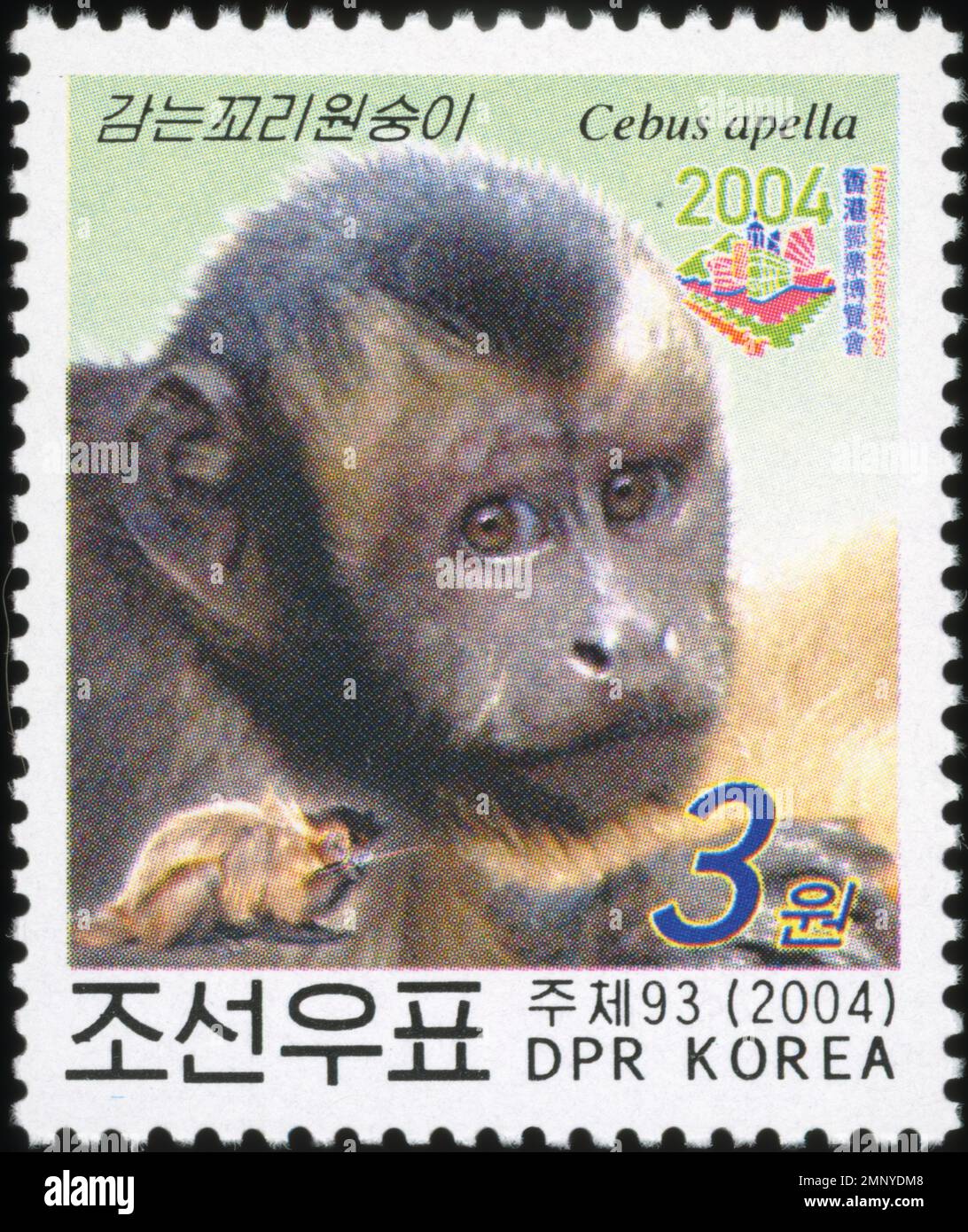 Timbre-poste nord-coréen de 2004 représentant un singe capucin touffeté (Cebus apella) avec une valeur nominale de 3 won. Banque D'Images