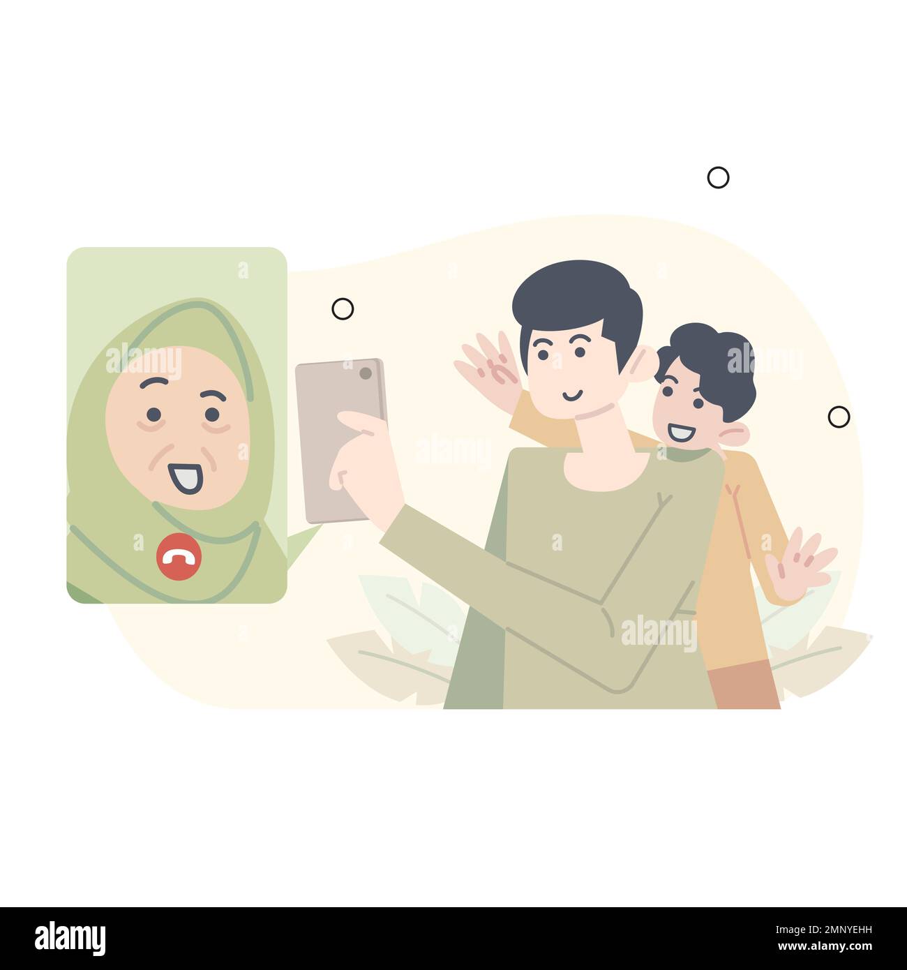 illustration du ramadan. Excusez-vous auprès de votre mère pour ne pas pouvoir rentrer chez elle sur Eid al-Fitr. Téléconférence avec la mère pendant Eid al-Fitr. Illustration de Vecteur