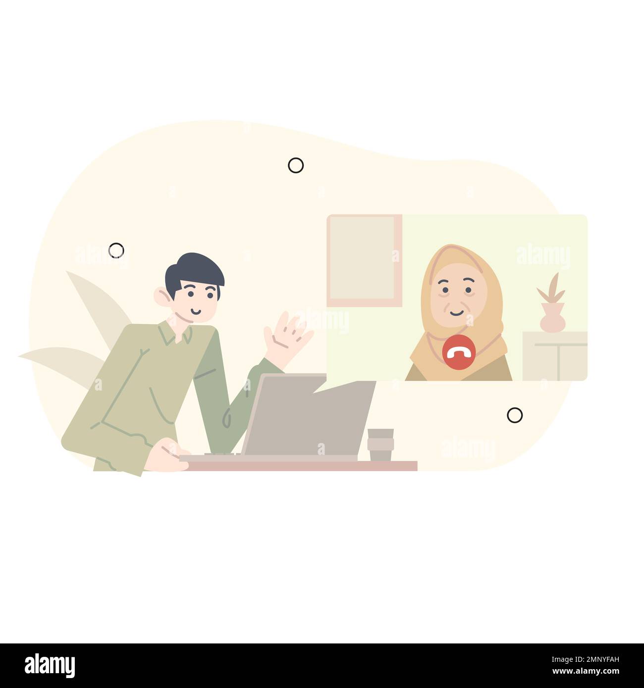 illustration du ramadan. Excusez-vous auprès de votre mère pour ne pas pouvoir rentrer chez elle sur Eid al-Fitr. Téléconférence avec la mère pendant Eid al-Fitr. Illustration de Vecteur