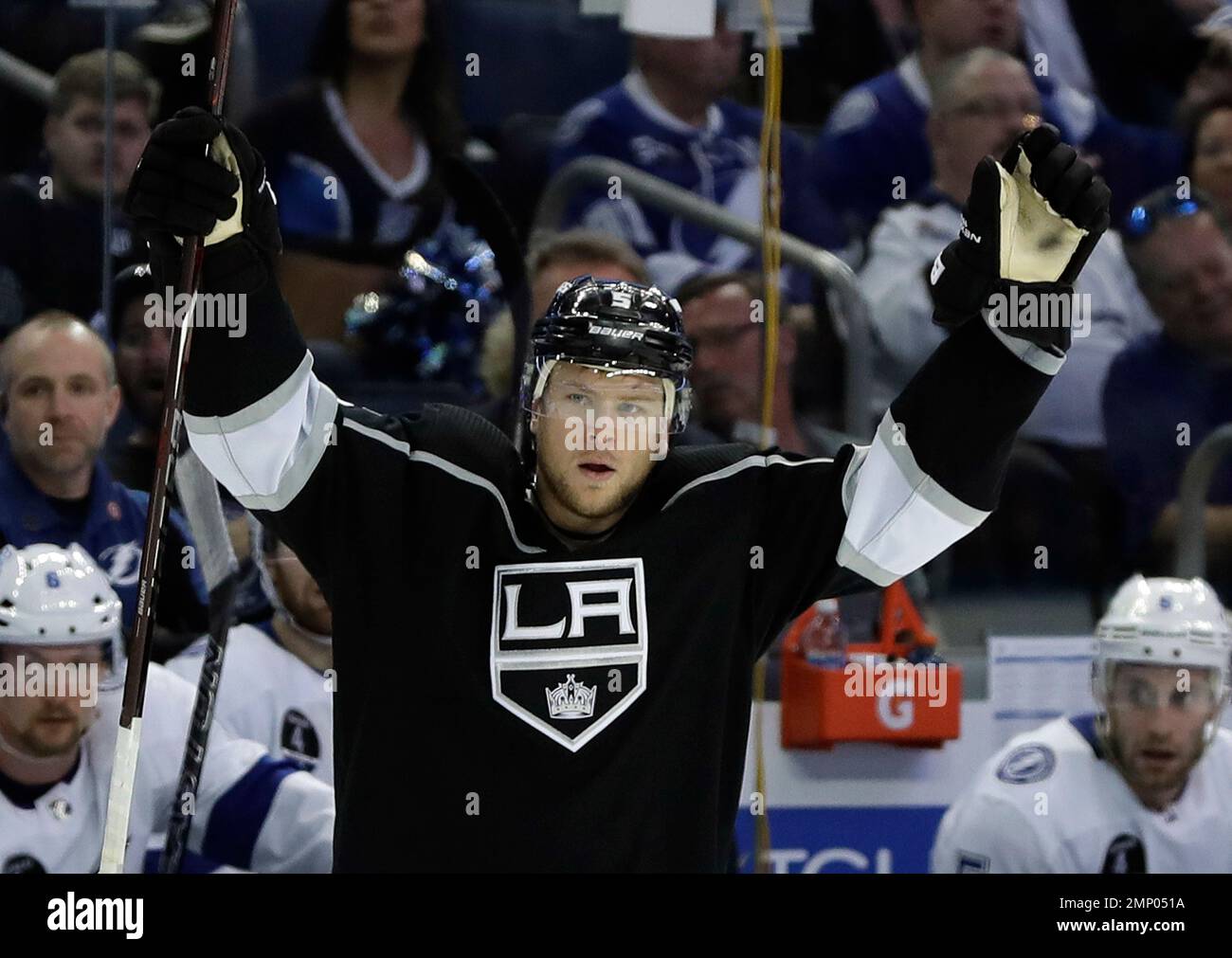 Los Angeles Kings defenseman Christian Folin (5) celebrates after scoring against the Tampa Bay Lightning during the third period of an NHL hockey game Saturday, Feb. 10, 2018, in Tampa, Fla. (AP Photo/Chris O'Meara) Banque D'Images
