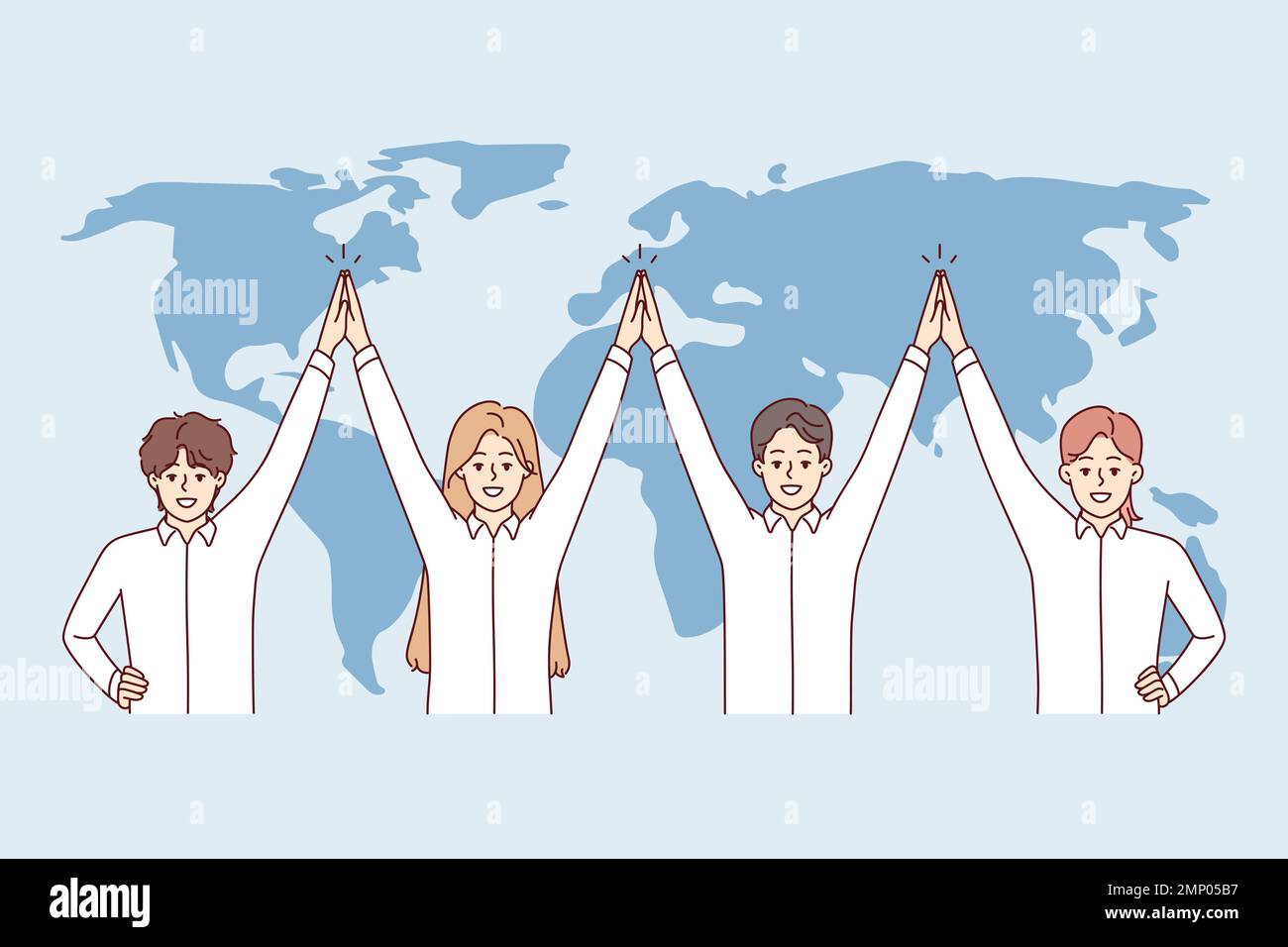 Une équipe amicale d'entreprise internationale se trouve près de la carte du monde avec les mains vers le haut, faisant preuve de solidarité. Hommes et femmes en chemises blanches travaillant dans des entreprises mondiales. Illustration vectorielle plate Illustration de Vecteur