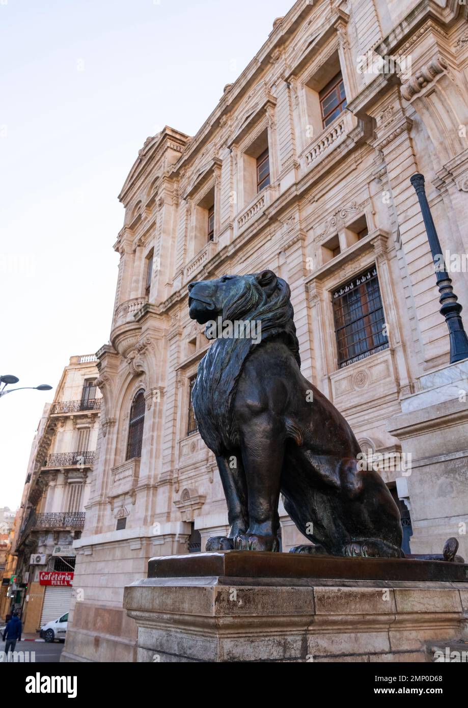 Statue de lion en face de l'hôtel de ville, Afrique du Nord, Oran, Algérie Banque D'Images