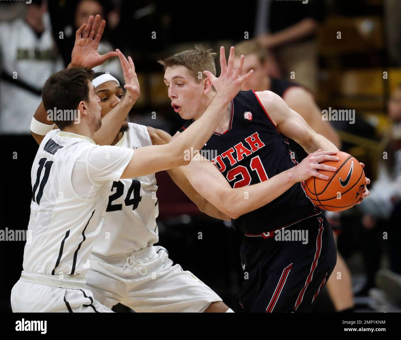 Utah forward Tyler Rawson, right, is trapped with the ball by Colorado guards Lazar Nikolic, left, and George King in the second half of an NCAA college basketball game Friday, Feb. 2, 2018, in Boulder, Colo. (AP Photo/David Zalubowski) Banque D'Images