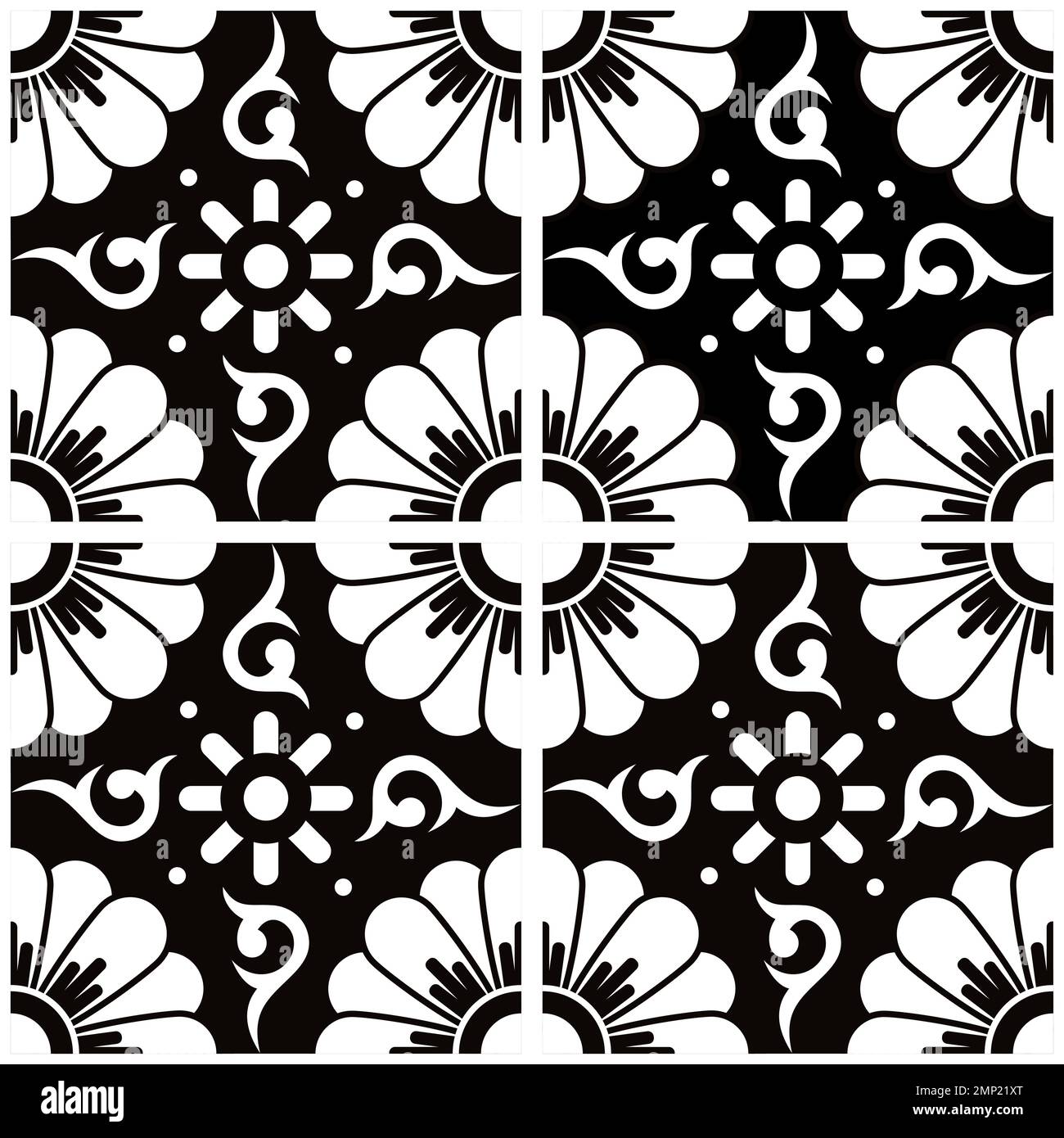 Carreaux style talavera mexicain motif vectoriel sans couture avec fleurs en noir et blanc, motif décoratif Illustration de Vecteur