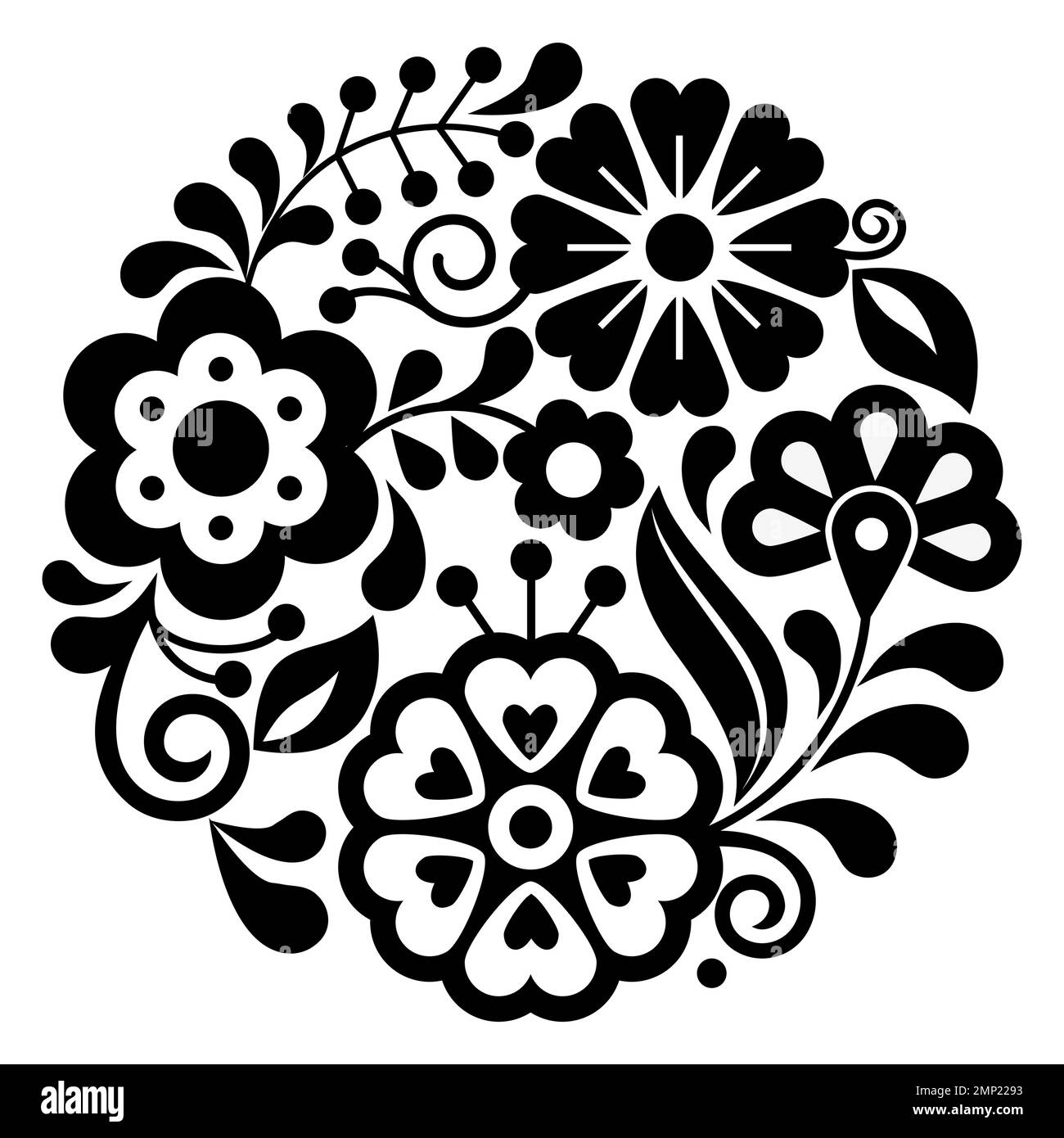 Le style art populaire mexicain vector rond motif floral dans le cadre, la nature noir et blanc mandala composition inspirée par les dessins traditionnels de broderie fro Illustration de Vecteur