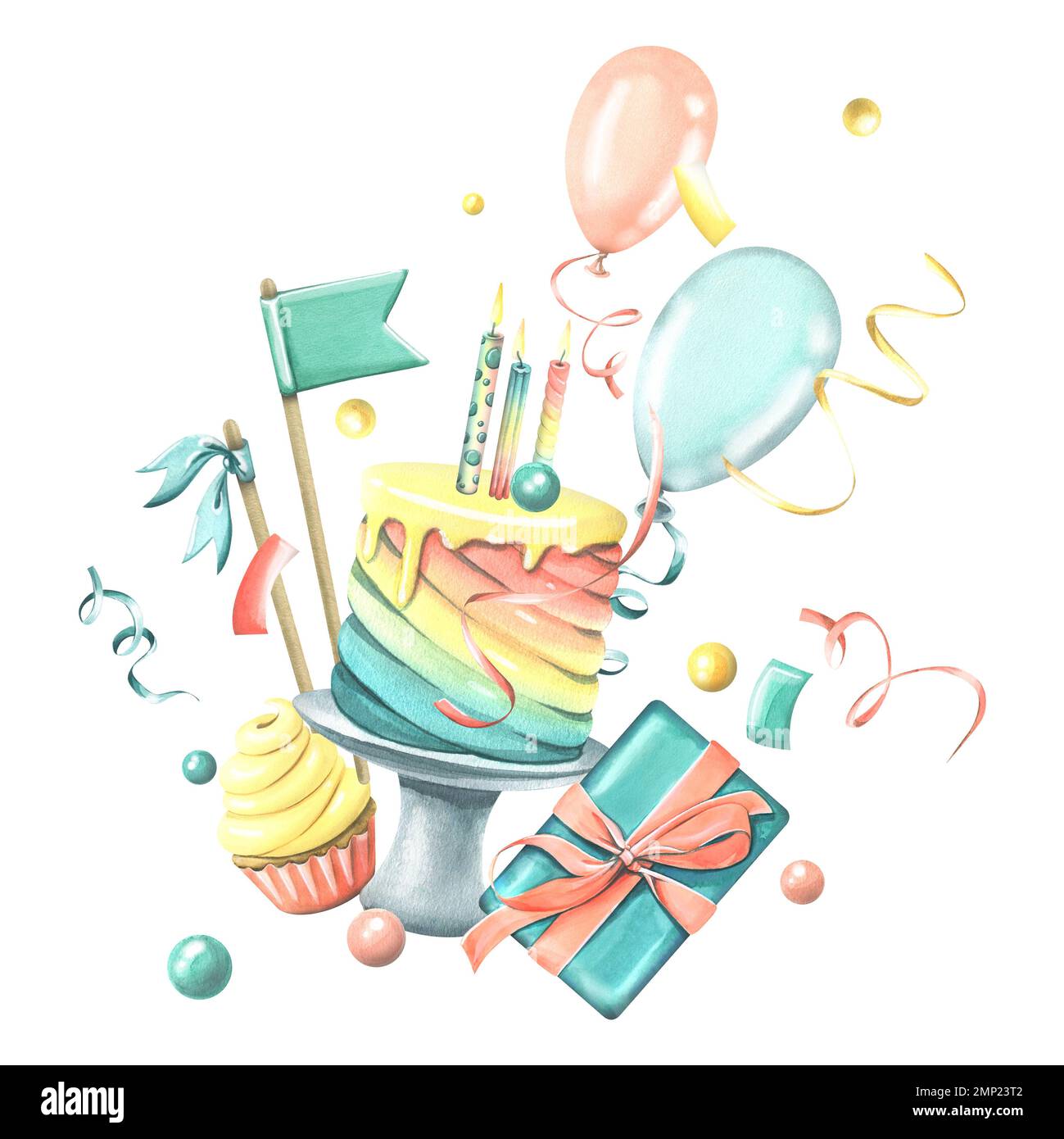 Gâteau arc-en-ciel festif avec bougies, drapeaux, boîte cadeau à petits gâteaux, ballons et confetti. Illustration aquarelle. Une composition du JOYEUX ANNIVERSAIRE Banque D'Images