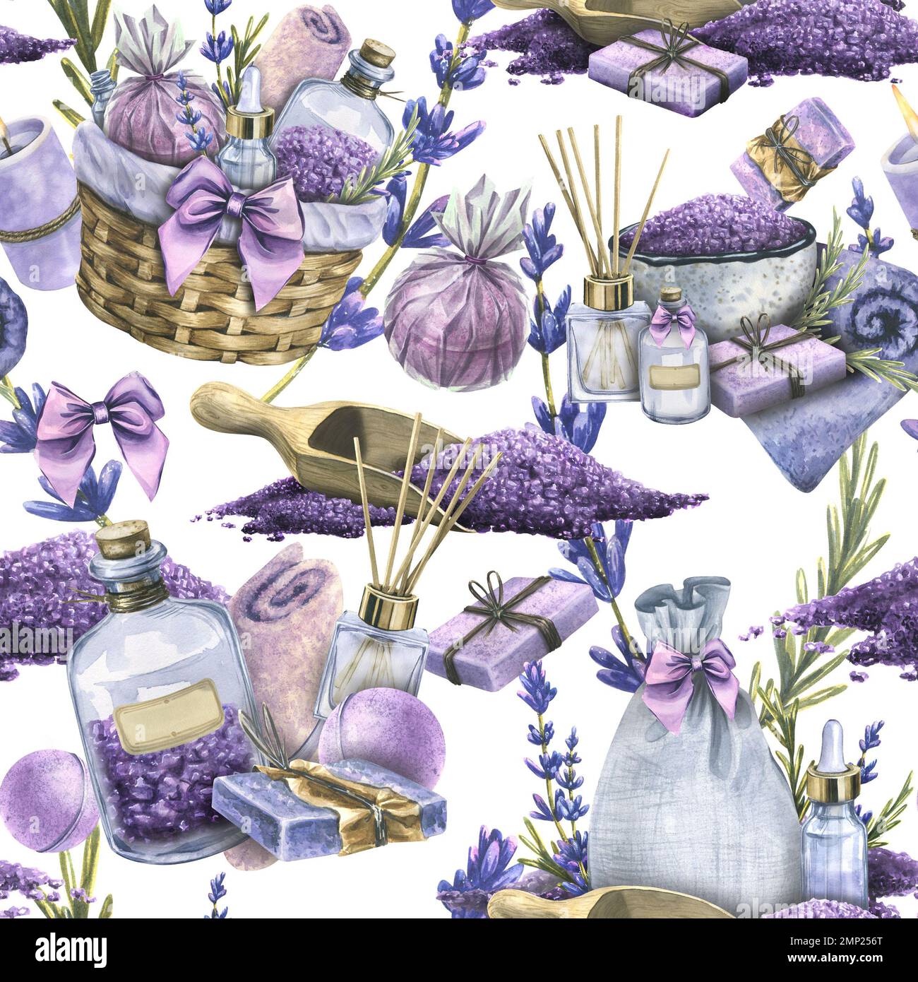 Objets faits main pour LE SPA, la réception de bain, les cosmétiques. Illustration aquarelle d'une collection SPA LAVANDE. Pour le tissu, les textiles, la publicité Banque D'Images