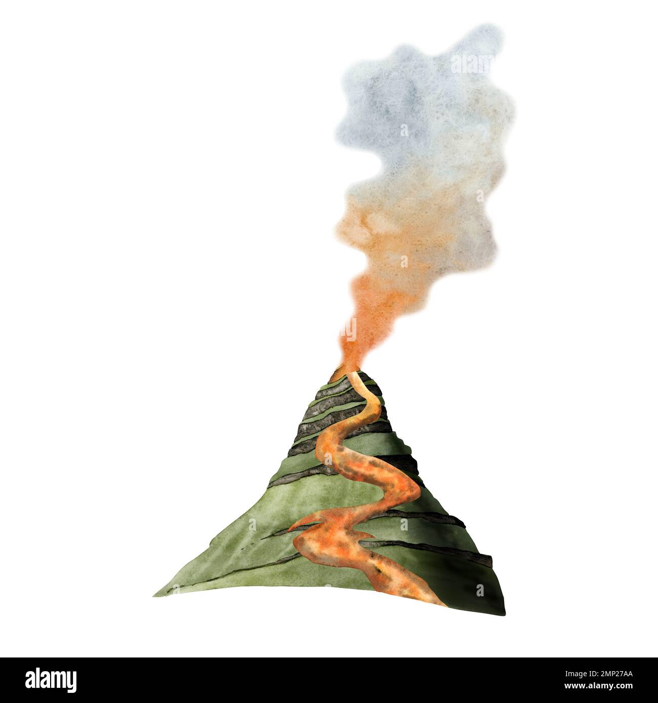 Volcan aquarelle avec lave et fumée, montagne Illustration isolée sur fond blanc dans les couleurs vert, orange, bleu et marron Banque D'Images