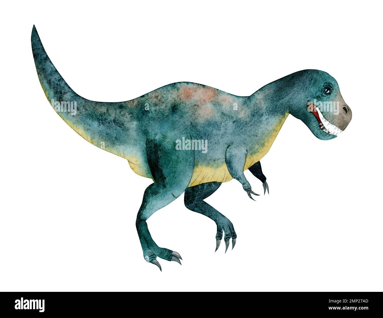 Aquarelle Tyrannosaur illustration de dinosaure dans des couleurs bleu, jaune, marron isolées sur fond blanc. Clipart réaliste Banque D'Images