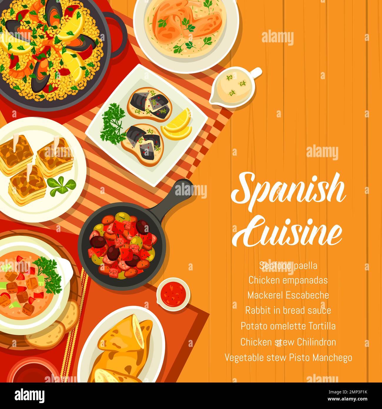 Couverture du menu de cuisine espagnole, plats espagnols et repas de tapas, Vector. Paella traditionnelle espagnole de fruits de mer et empanadas de poulet, ragoût de légumes Pisto Manchego, omelette de pomme de terre et escabéche de maquereau Illustration de Vecteur