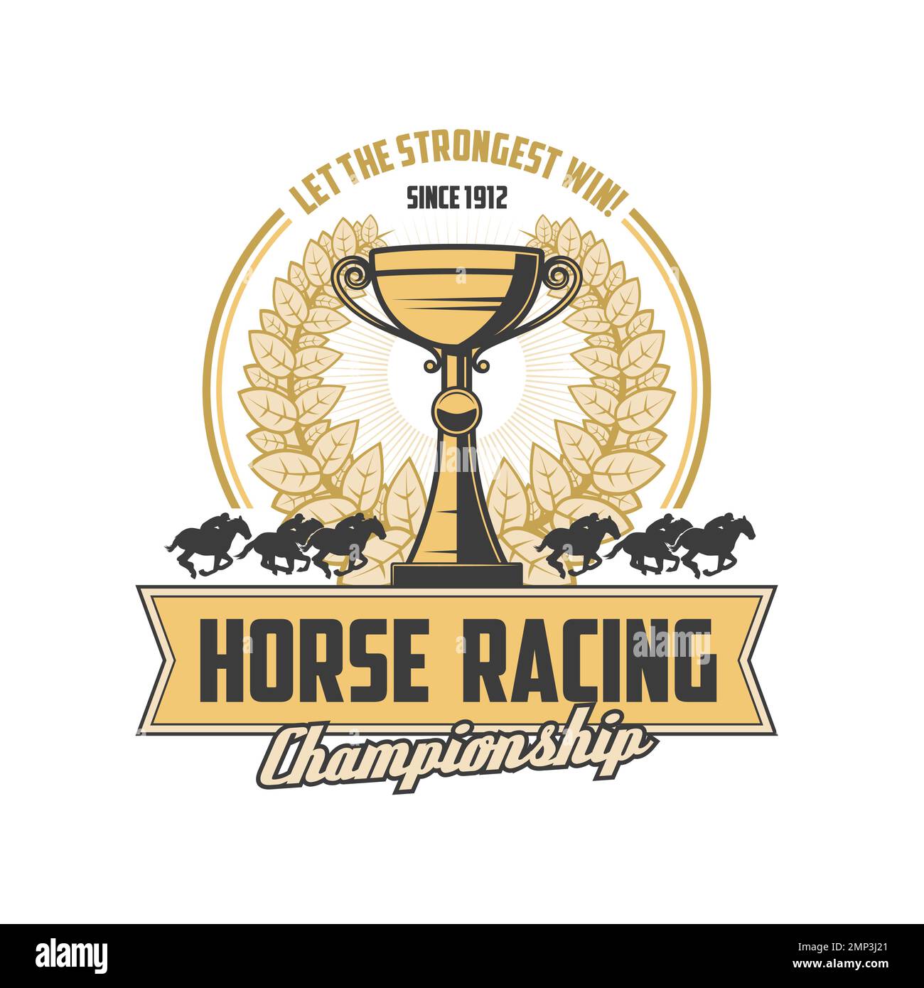 Icône rétro de course de chevaux, silhouettes vectorielles de chevaux et jockeys avec trophée de compétition de sport équestre. Coupe gagnante du tournoi de course de chevaux de course avec couronne de Laurier héraldique et chevaux de course Illustration de Vecteur
