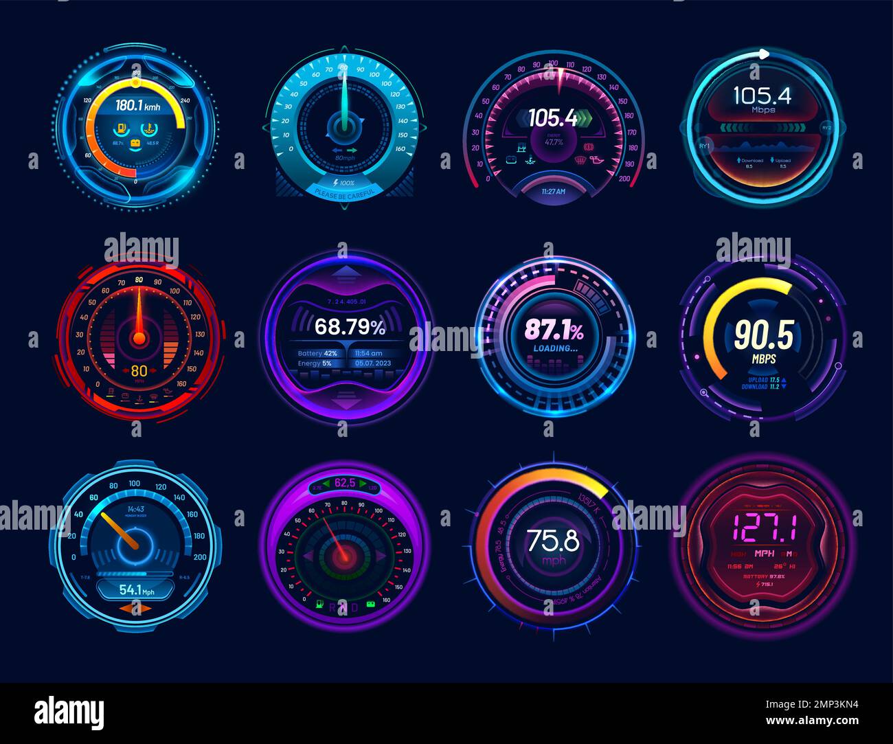 Cadrans futuristes pour compteur de vitesse de voiture, tachymètre à LED au néon, tableau de bord vectoriel. Compteurs de vitesse numériques, compteurs d'interface de courses automobiles et indicateur de compte-tours, panneau de jauge ou barres de chargement Illustration de Vecteur