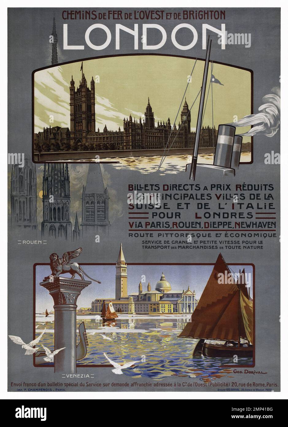 Chemins de fer de l'ouest et de Brighton. Londres. Billets dirige à prix réduits par Geo Dorival (1879-1968). Affiche publiée en 1908 en France. Banque D'Images