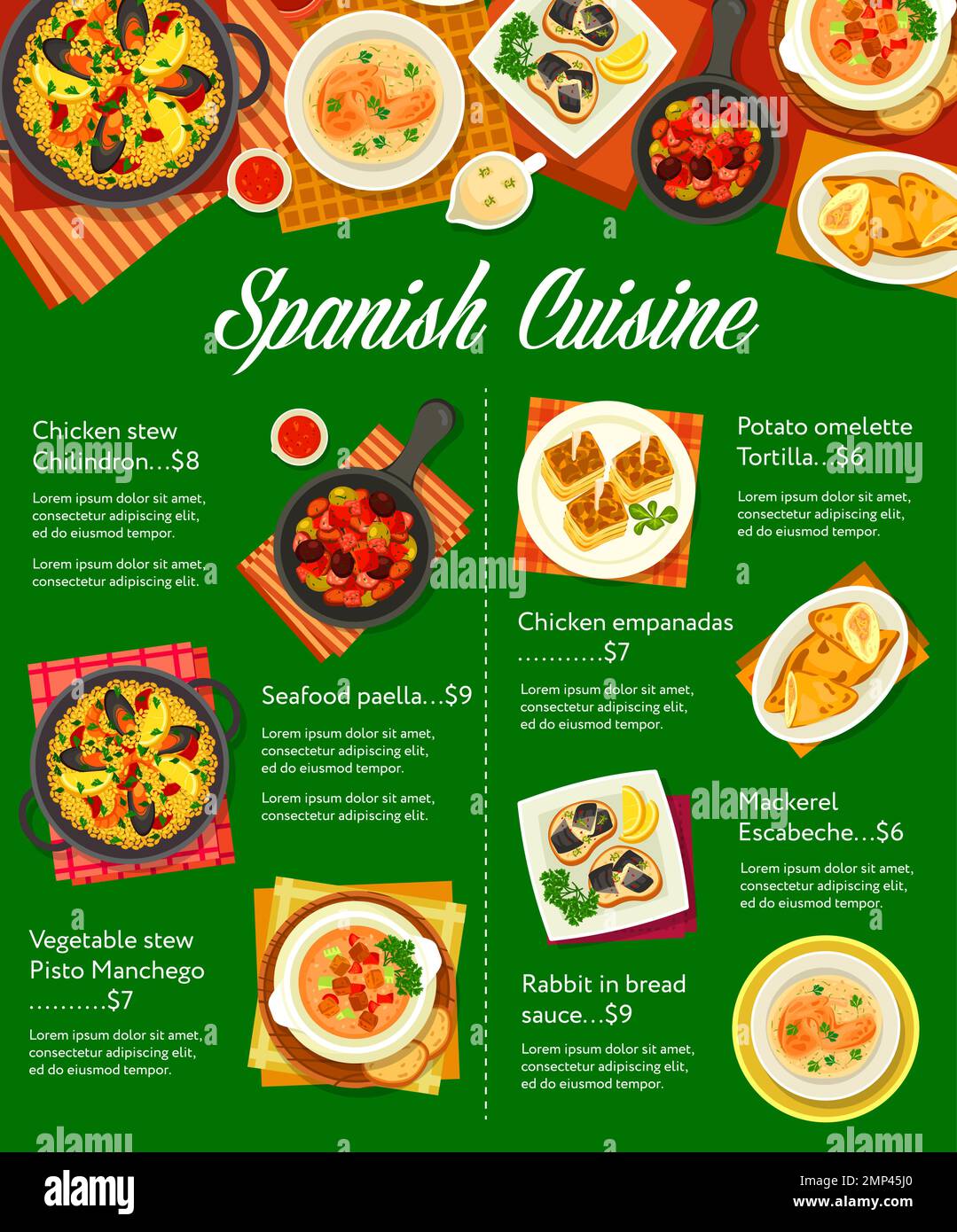 Menu de cuisine espagnole, cuisine espagnole, plats vectoriels