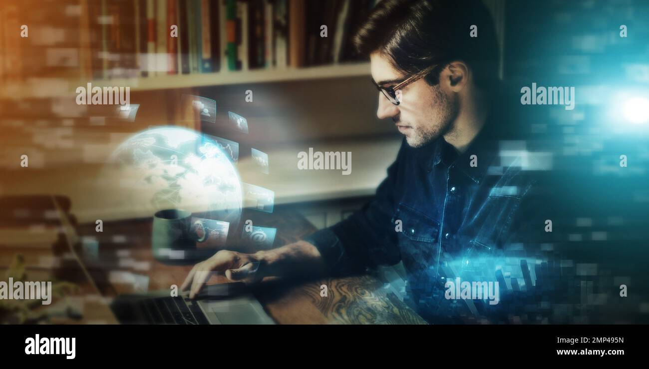 Futuriste, technologie et monde, homme d'affaires avec superposition de transformation technologique, hologramme et ordinateur portable. Internet, avenir numérique et métaverse, 3D cyber Banque D'Images
