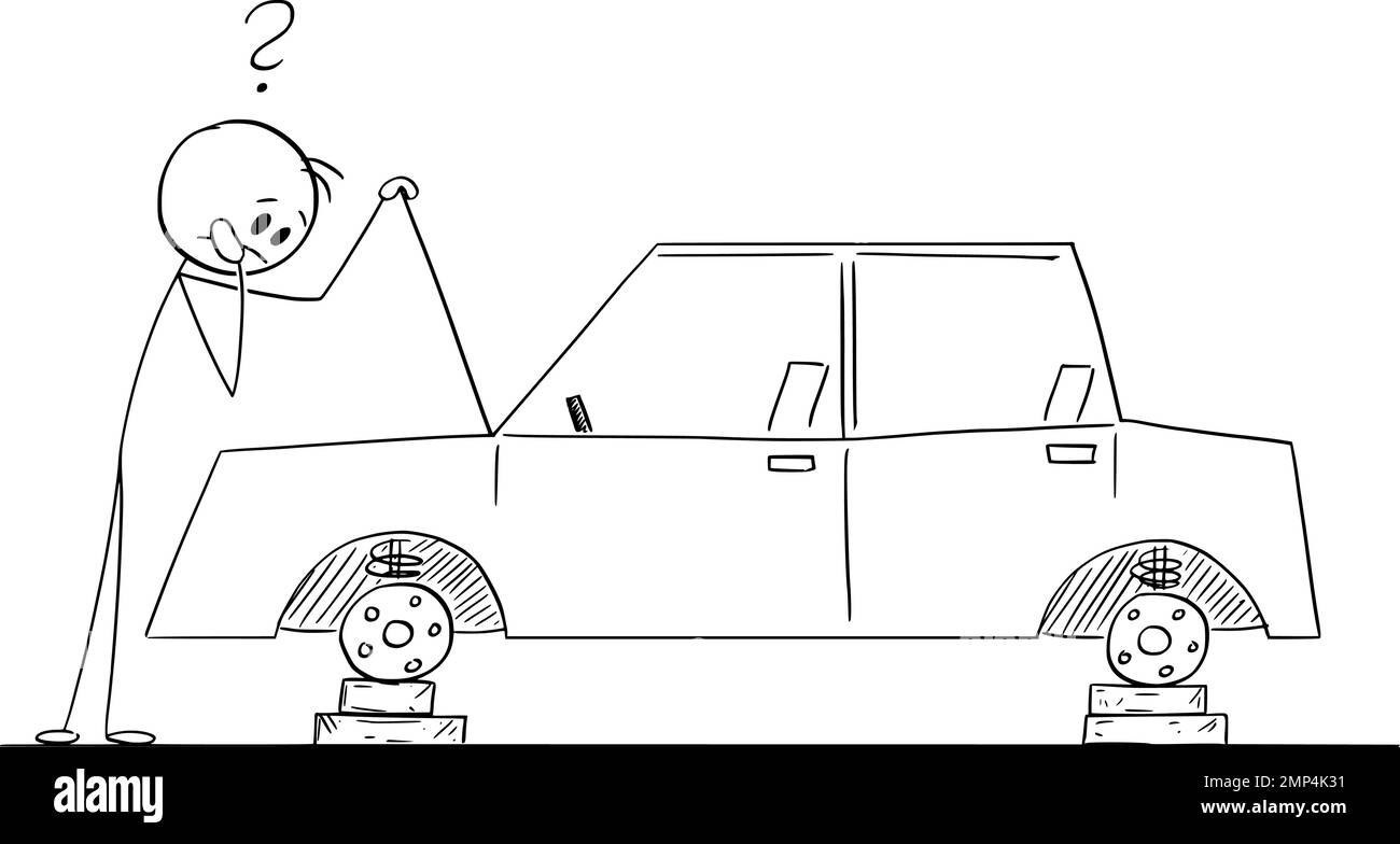 Conducteur et voiture avec roues volées , Illustration de la figure du bâton de dessin vectoriel Illustration de Vecteur
