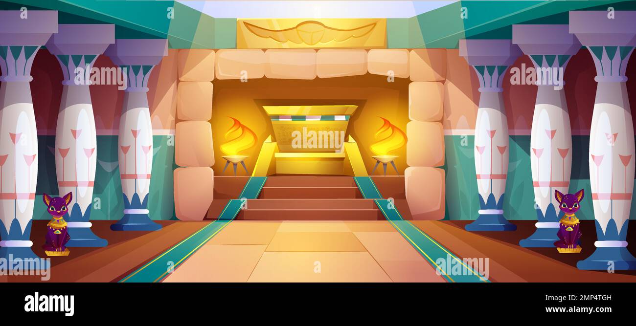 Intérieur de pyramide égyptienne de dessin animé avec colonnes avec orannement, murs en pierre et statue de Bastet chat. Chambre du Temple ou tombe pharaon de l'Égypte ancienne avec hiéroglyphes. Le sarcophage du palais de la civilisation ancienne. Illustration de Vecteur