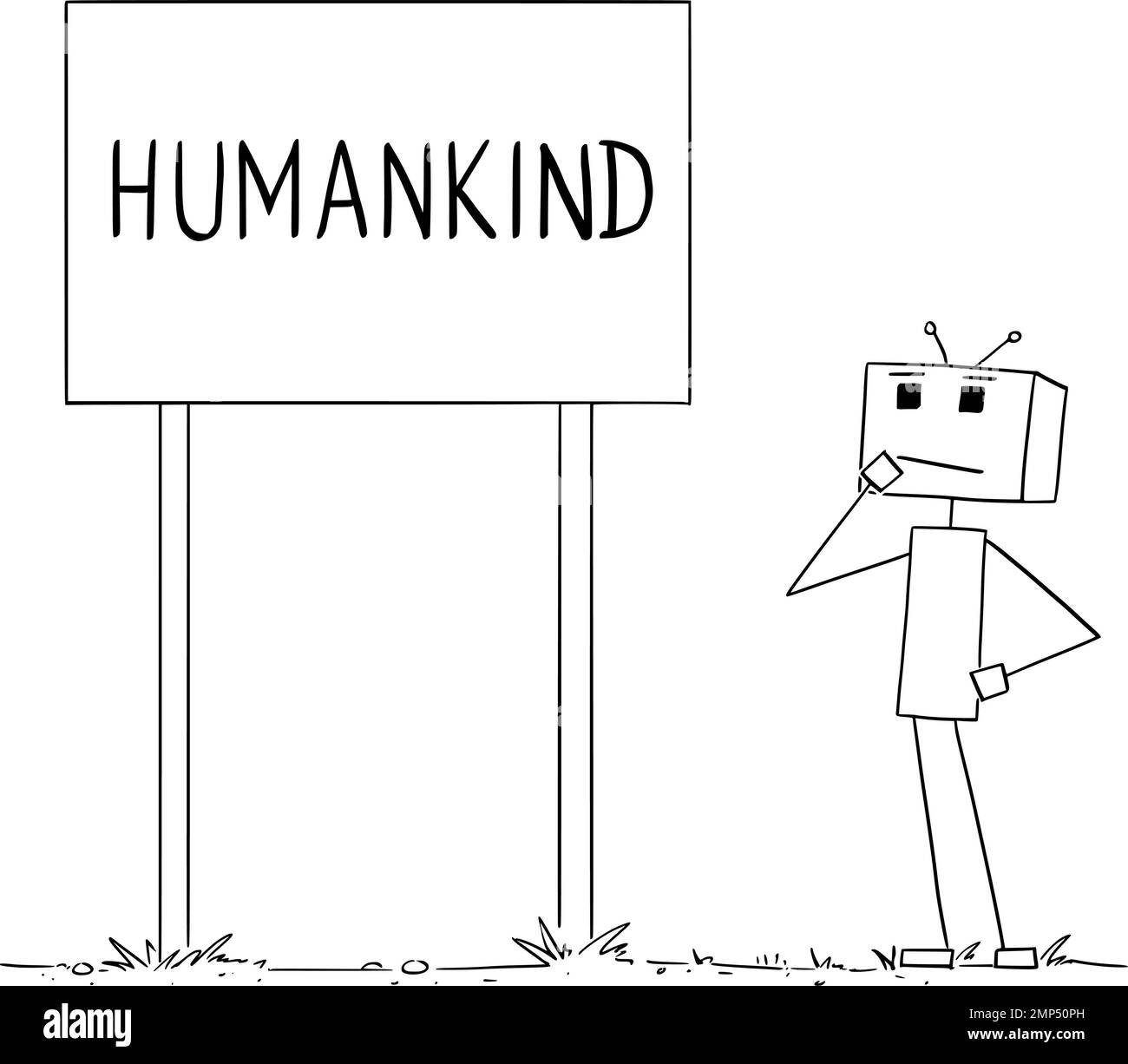 Robot ou ai pensant à l'avenir de l'humanité, Vector Cartoon Stick Figure Illustration Illustration de Vecteur