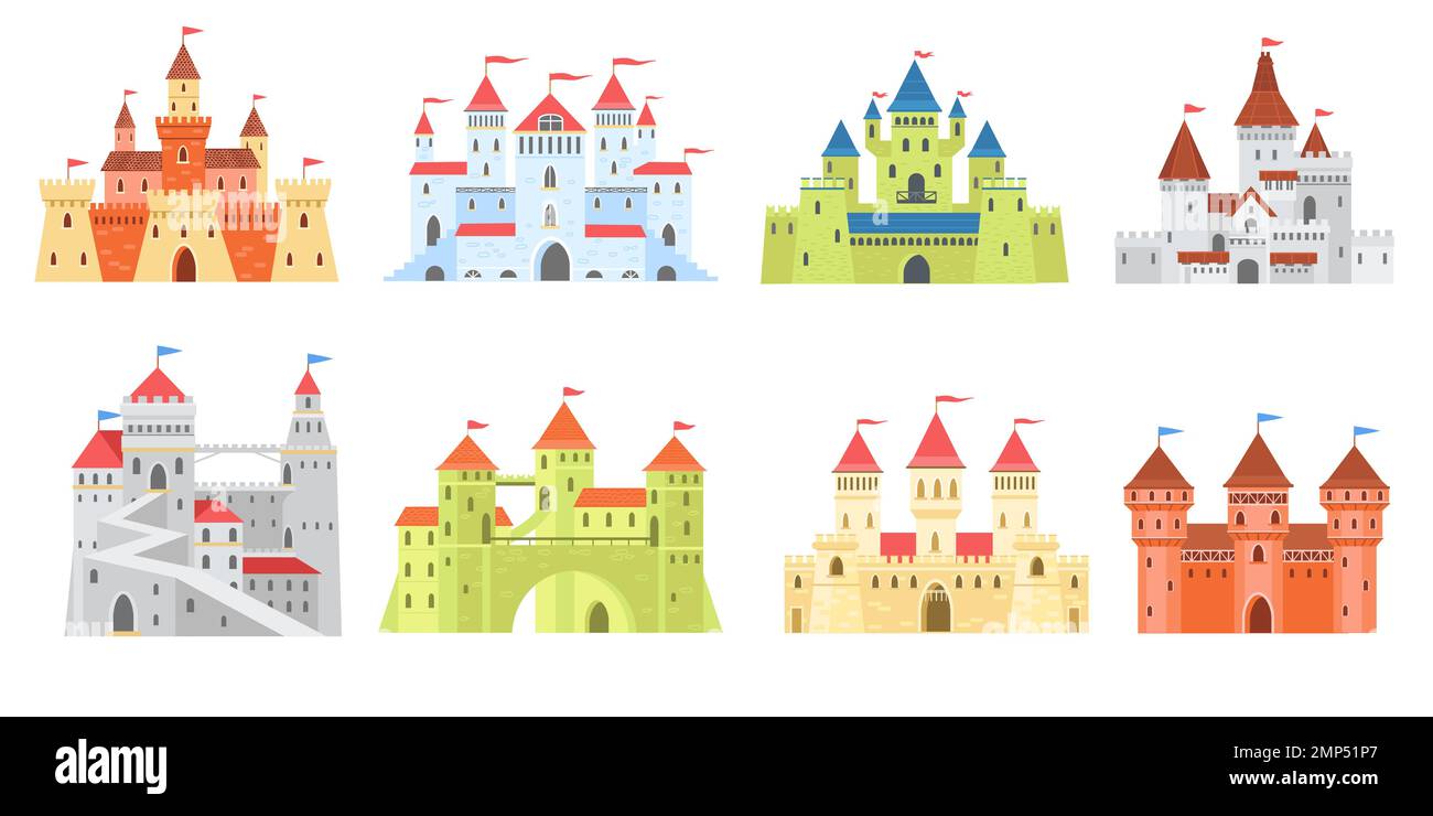 Châteaux de dessins animés médiévaux. Tours de princesse couleur, bâtiment fortifié historique, royaumes de fées isolés, collection de palais romantiques mignons, conte de fées Illustration de Vecteur