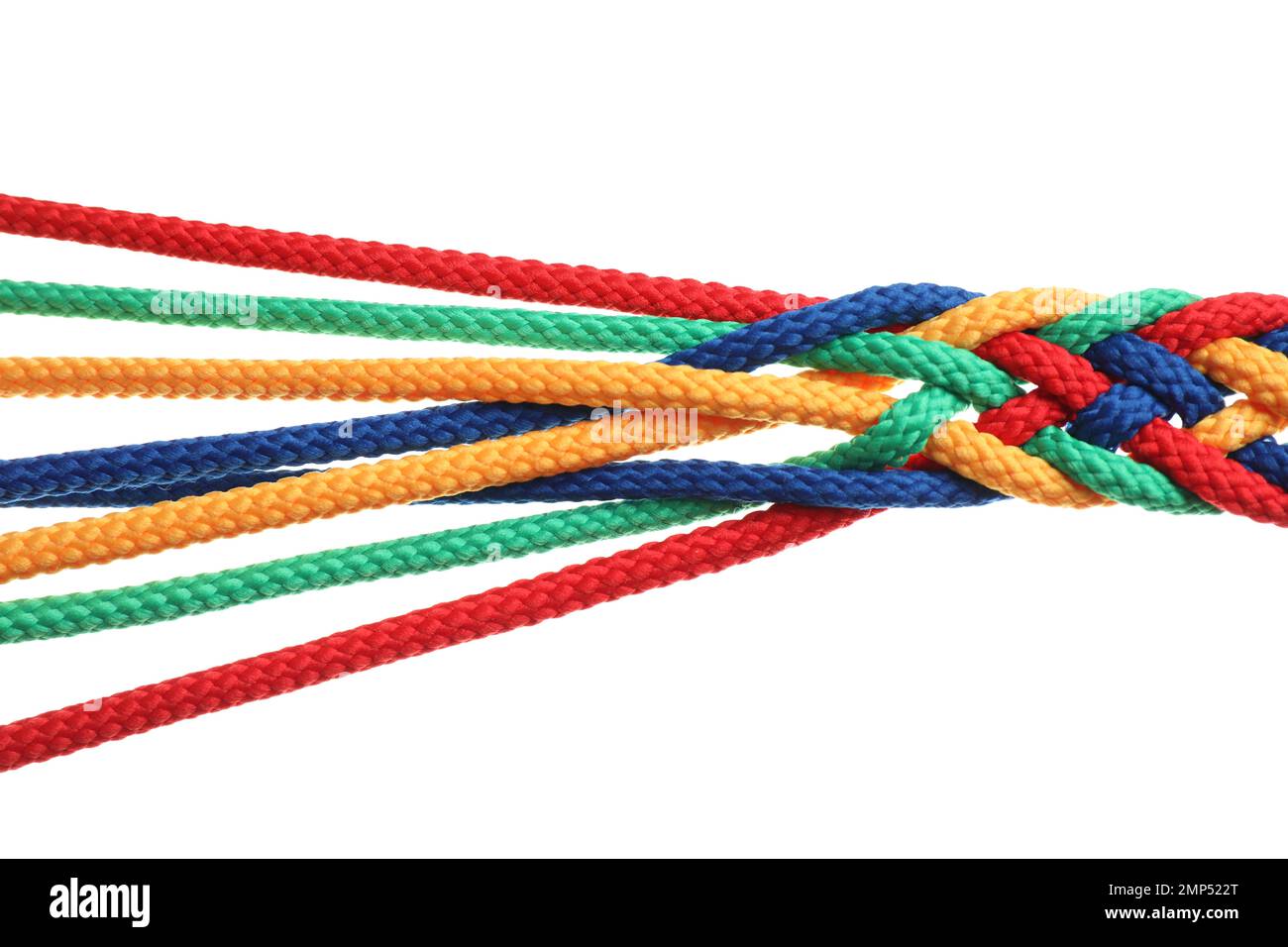 Cordes colorées tressées sur fond blanc.Concept d'unité Banque D'Images