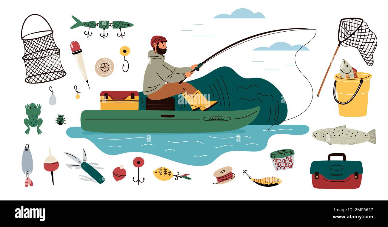Pêche et éléments de pêcheur. Homme dans le bateau gonflable jette la tige. Perch et carpe crocian en attente. Le mâle prend du poisson. Appâts et filets. Matériel de pêche Illustration de Vecteur
