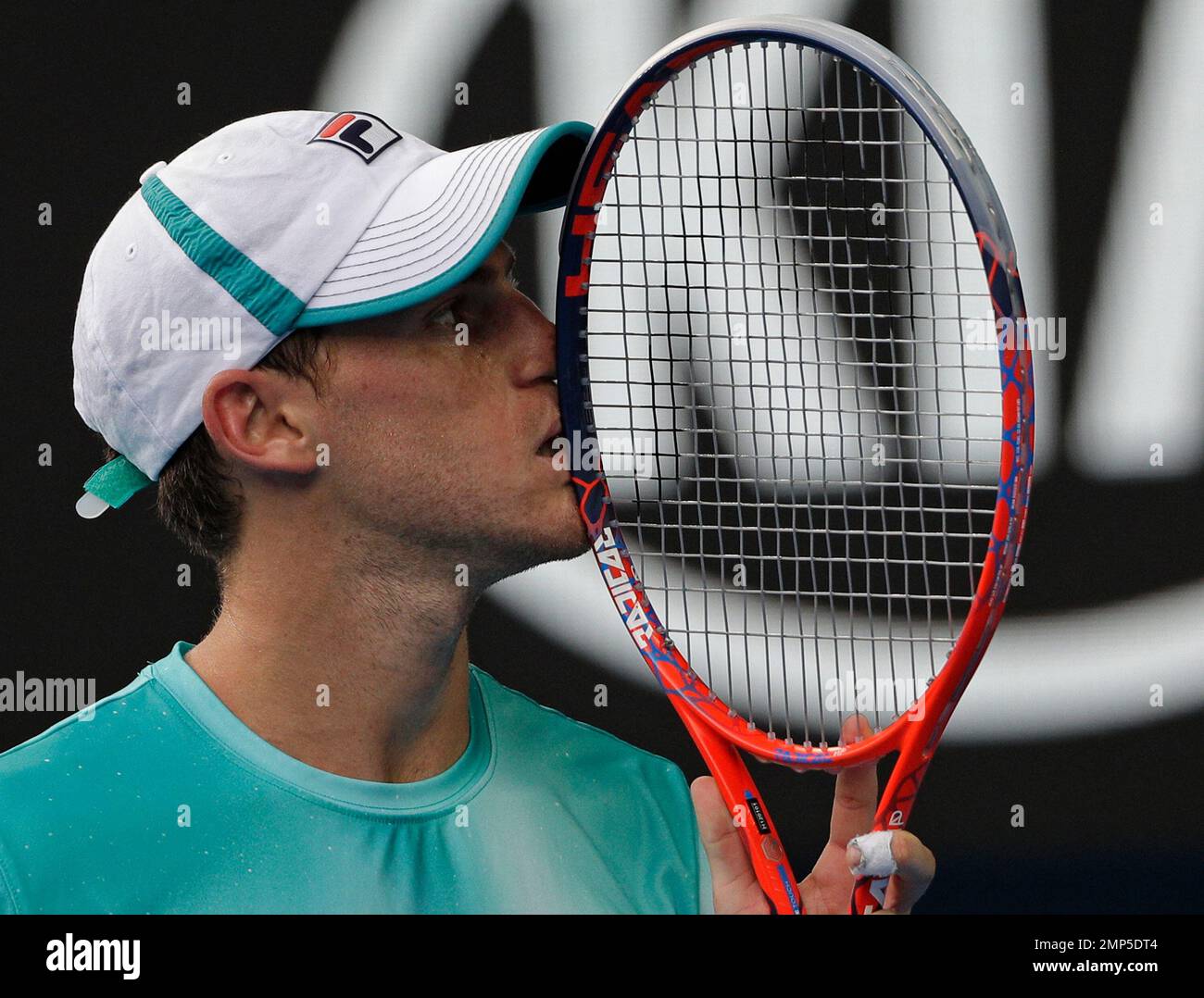 Argentina's Diego Schwartzman reacts during his fourth round match against Spain's Rafael Nadal at the Australian Open tennis championships in Melbourne, Australia Sunday, Jan. 21, 2018. (AP Photo/Dita Alangkara) Banque D'Images