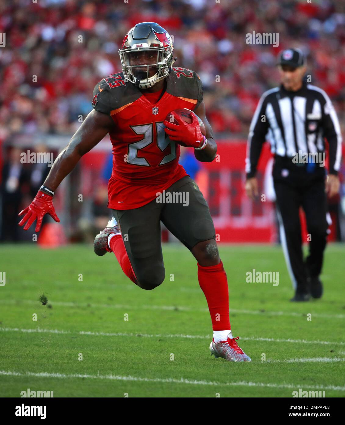 Tampa Bay Buccaneers running back Peyton Barber (25) runs the ball against the New Orleans Saints during an NFL football game Sunday, Dec. 31, 2017, in Tampa, Fla. The Buccaneers won the game 31-24. (Jeff Haynes/AP Images for Panini) Banque D'Images