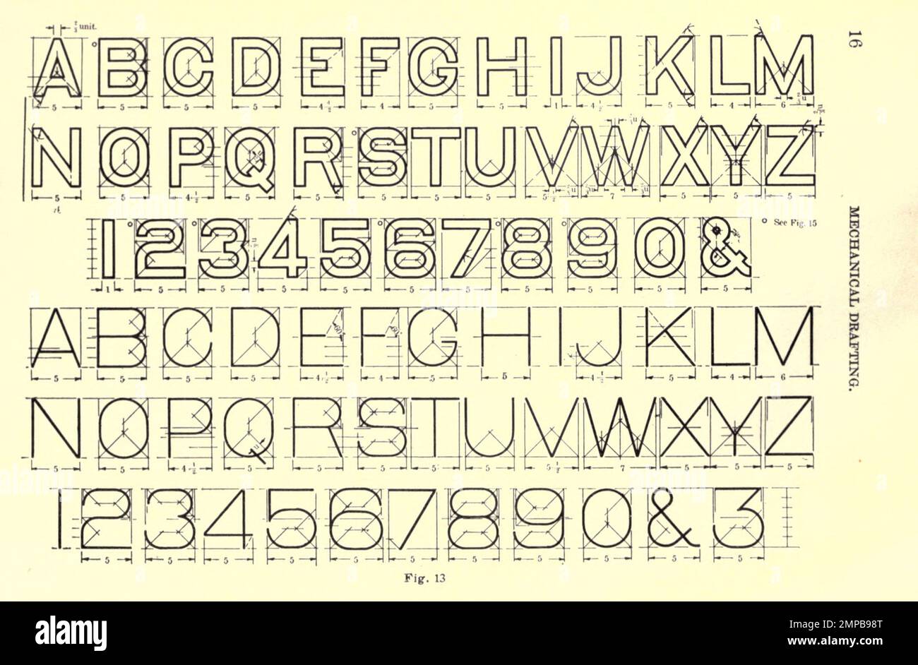 Lettrage à main levée tiré du livre « Mechanical Drafting » de Henry Willard Miller, Illinois University. Département de dessin technique général Date de publication 1917 Editeur Peoria, Illinois. : La presse artistique manuelle Banque D'Images