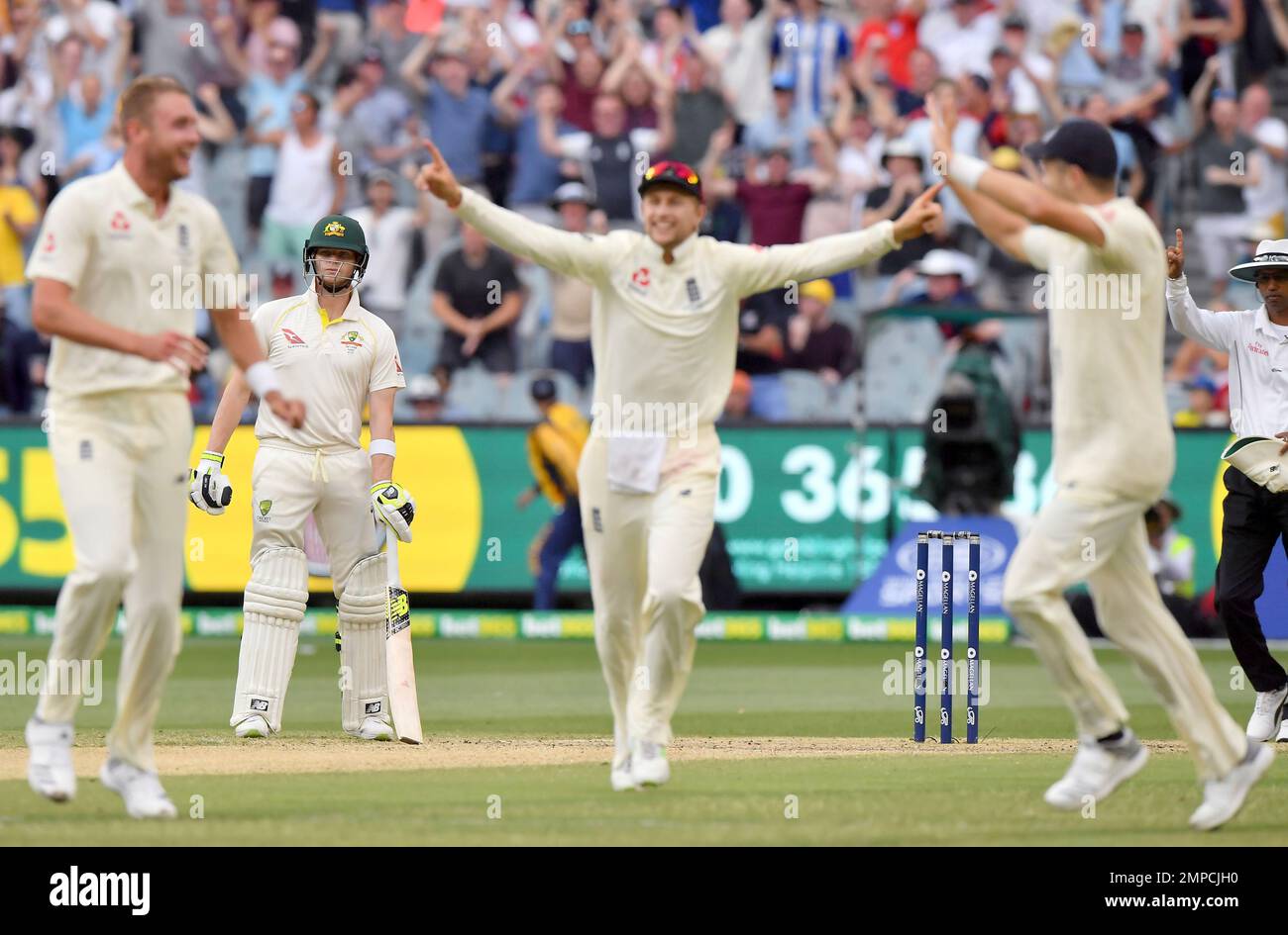 Australia's Steve Smith, second left, watches as England's Stuart Broad, left, celebrates with teammates James Anderson, right, and Joe Root after Broad took the wicket of Australia's Shaun Marsh, caught out for 4 runs, during the fifth day of their Ashes cricket test match in Melbourne, Australia, Saturday, Dec. 30, 2017. (AP Photo/Andy Brownbill) Banque D'Images