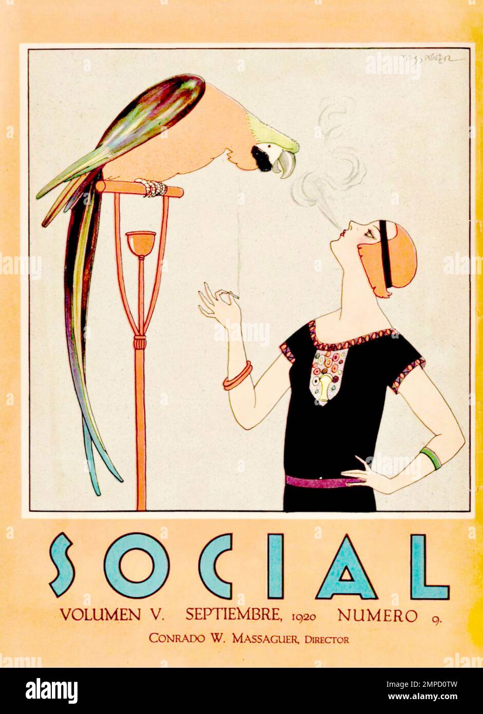 Conrado Walter Massaguer - Cuban Magazine social Artwork - édition de septembre 1920 - une femme souffle de la fumée dans le visage du perroquet/mackaw. Banque D'Images
