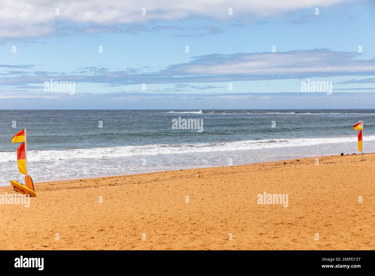 Nagez entre les drapeaux, la zone de baignade sûre érigée bu Surf sauvetage volontaires sauveteurs, Newport Beach, Sydney, Australie, la zone est surveillée Banque D'Images