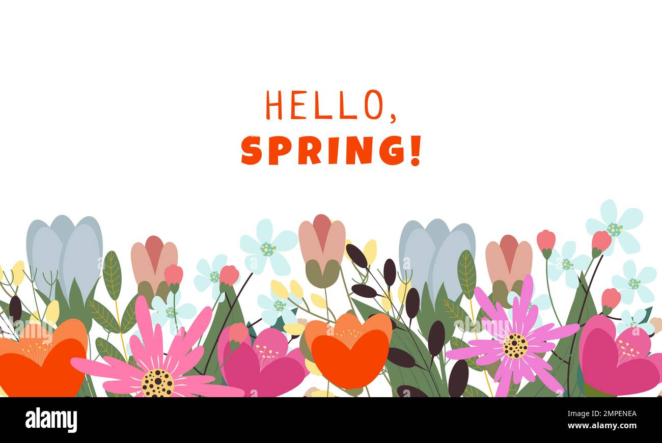 Bonjour bannière printemps. Vocation de saison, week-end, logo de vacances. Fond d'écran Spring Time. Bonne journée de printemps. Illustration de Vecteur