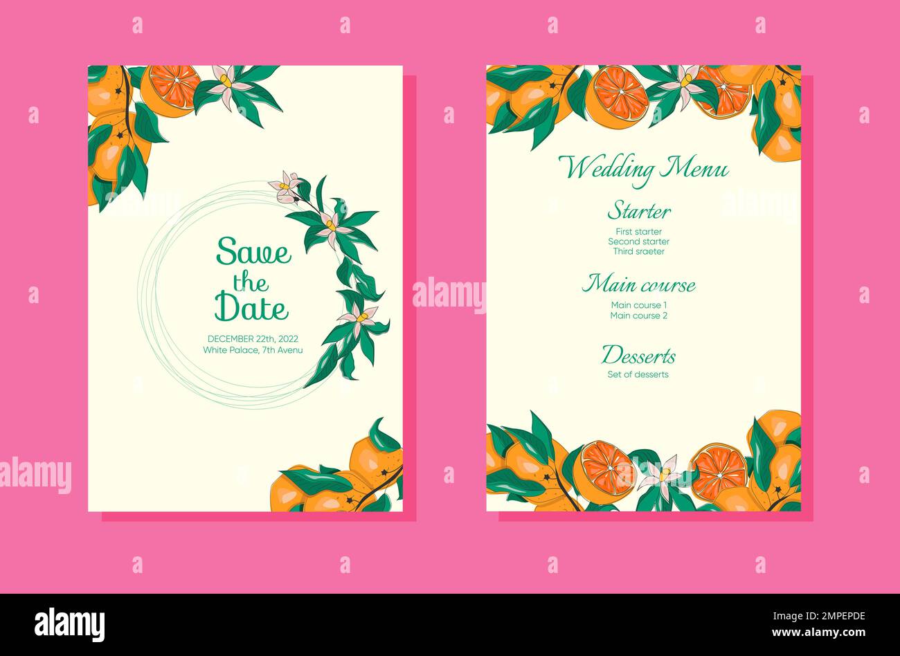 Jeu de cartes d'invitation de mariage avec des oranges, des fleurs et des feuilles brillantes modèle Illustration de Vecteur