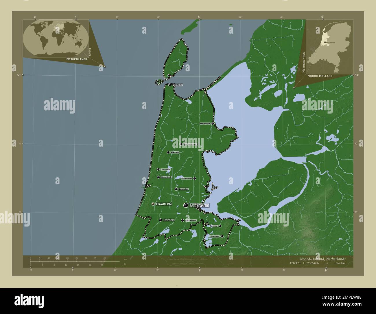 Noord-Hollande, province des pays-Bas. Carte d'altitude colorée en style  wiki avec lacs et rivières. Lieux et noms des principales villes de la  région Photo Stock - Alamy