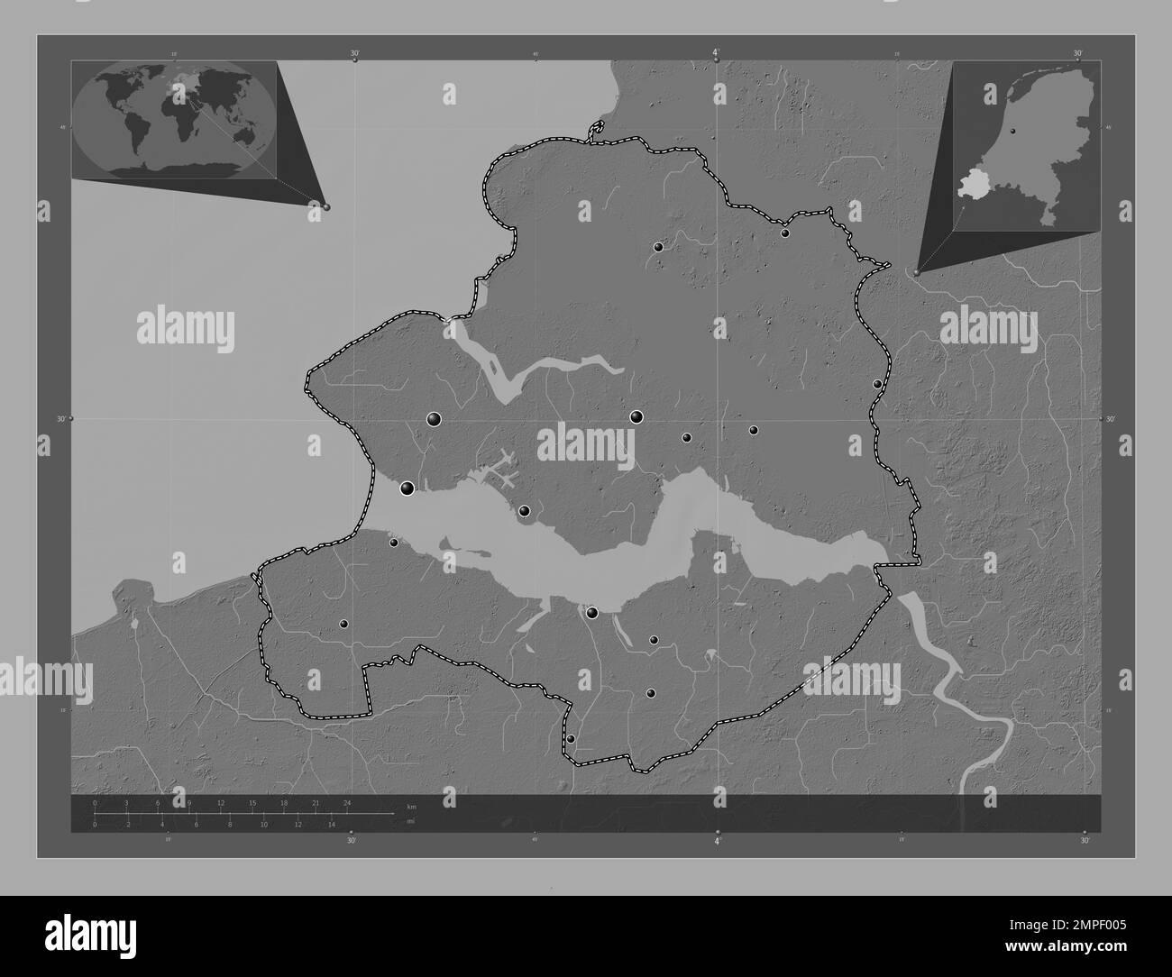 Zeeland, province des pays-Bas. Carte d'altitude à deux niveaux avec lacs et rivières. Lieux des principales villes de la région. Cartes d'emplacement auxiliaire d'angle Banque D'Images