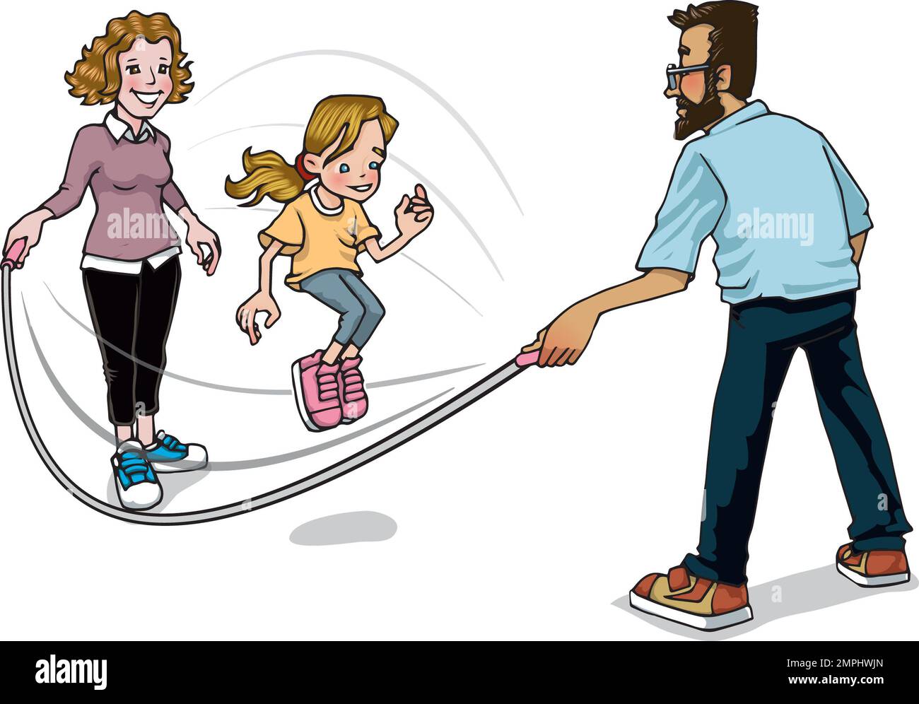 Illustration artistique d'un homme et d'une femme tenant une corde à sauter pour une jeune fille, caractéristiques de la famille sur l'éducation vie loisirs temps, rester actif, garder la forme Banque D'Images
