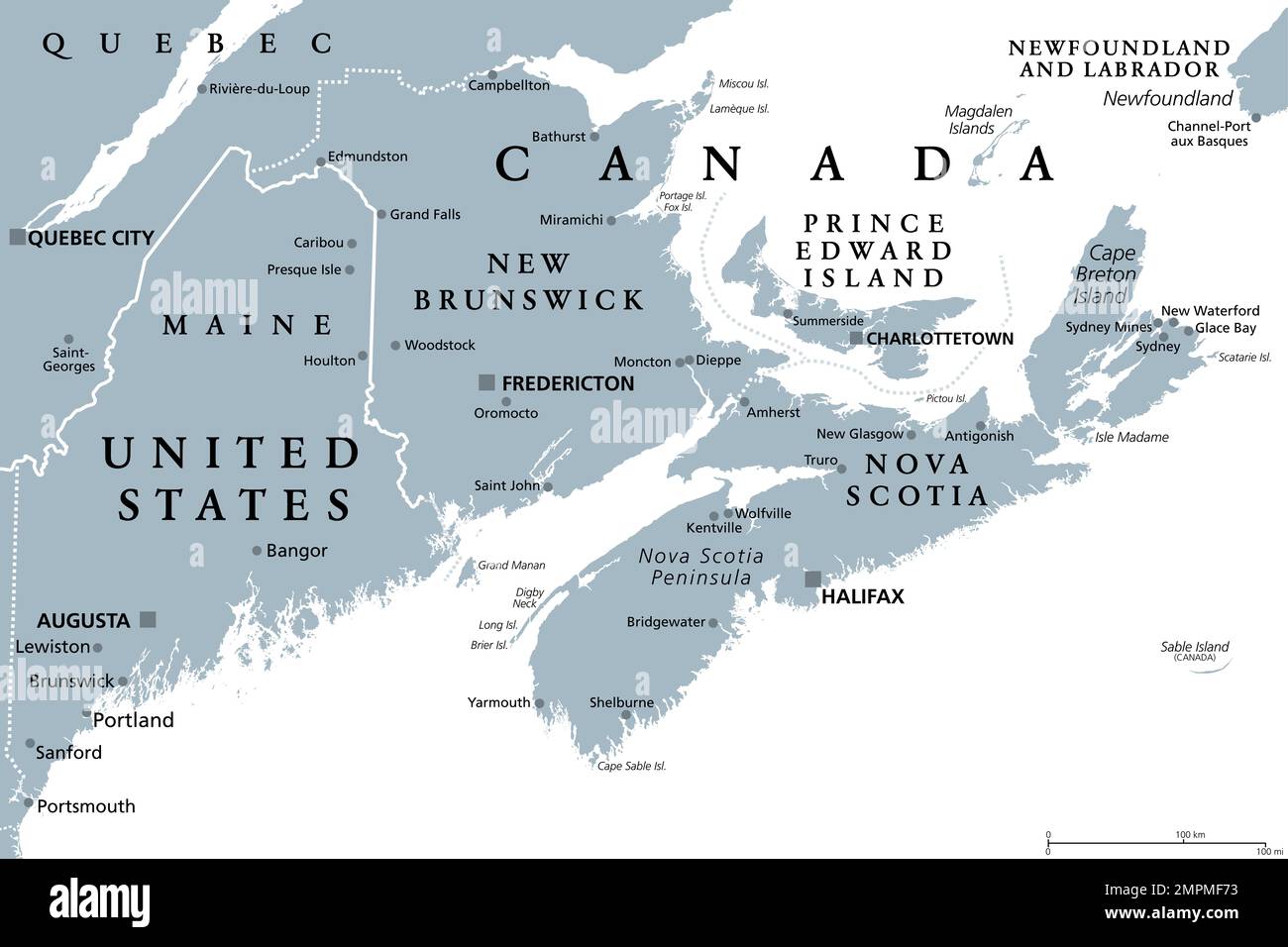 Région des Maritimes de l'est du Canada, provinces Maritimes, carte politique grise. Nouveau-Brunswick, Nouvelle-Écosse et Île-du-Prince-Édouard. Banque D'Images