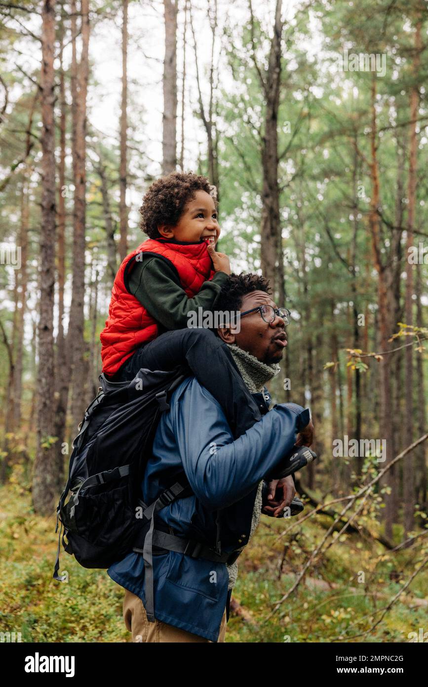 Vue latérale du père transportant son fils sur l'épaule tout en explorant la forêt pendant les vacances Banque D'Images