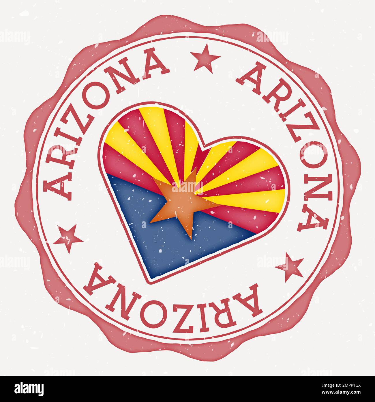 Logo drapeau en forme de coeur Arizona. Texte du nom de l'état AMÉRICAIN autour du drapeau de l'Arizona en forme de coeur. Superbe illustration vectorielle. Illustration de Vecteur