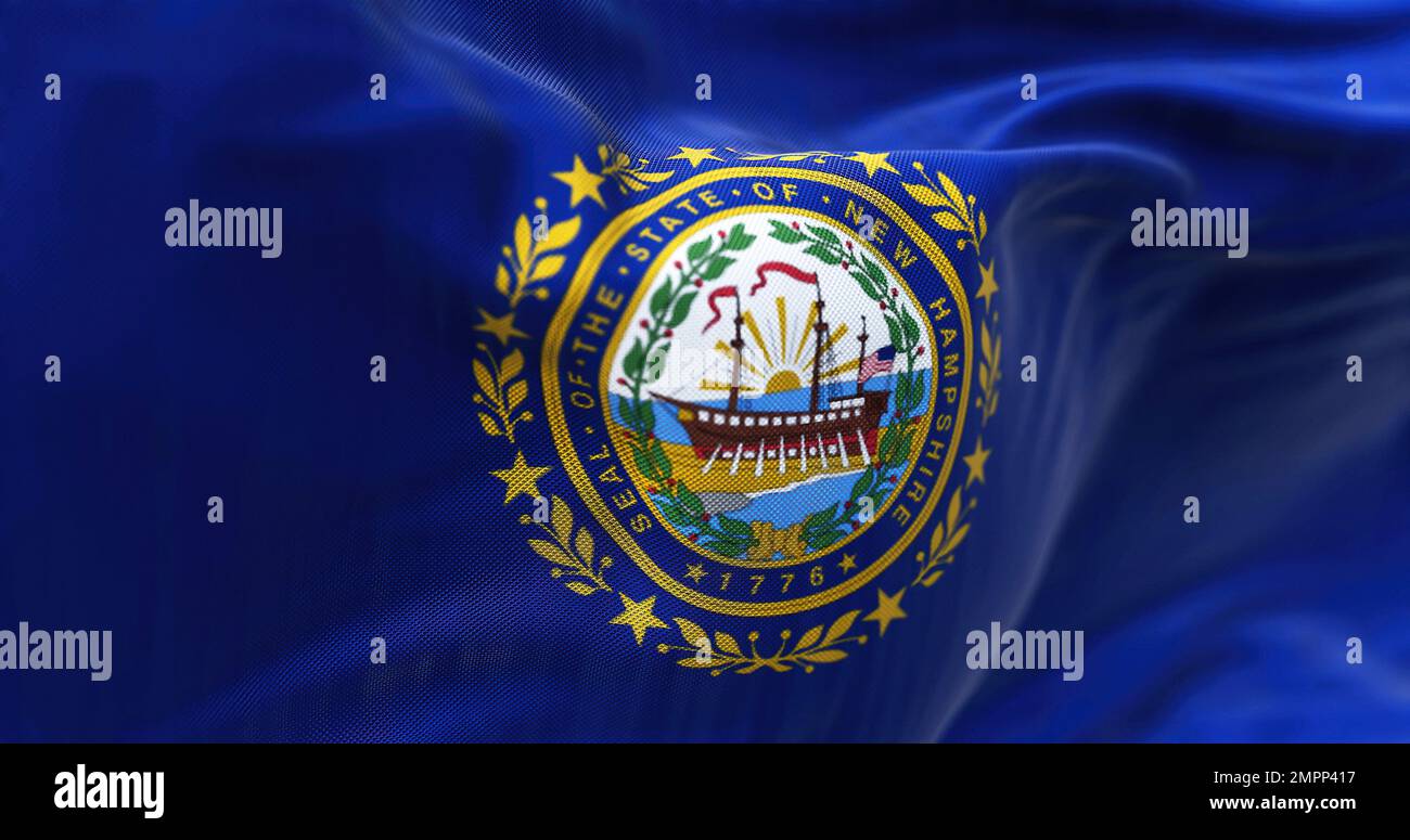 Détail du drapeau de l'État du New Hampshire. Le New Hampshire est un état de la région de la Nouvelle-Angleterre des États-Unis. Drapeau D'état AMÉRICAIN. Tissu ondulé. Texture Banque D'Images