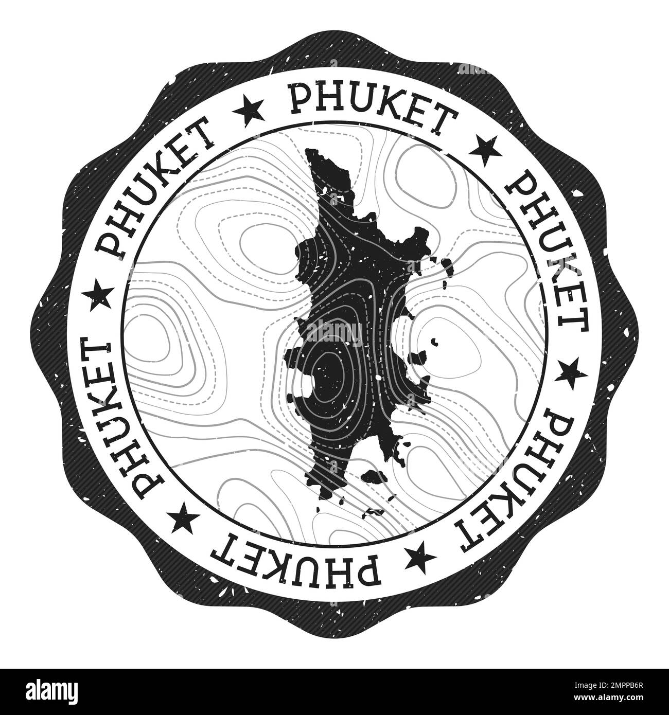 Timbre extérieur Phuket. Autocollant rond avec carte de l'île avec isolines topographiques. Illustration vectorielle. Illustration de Vecteur